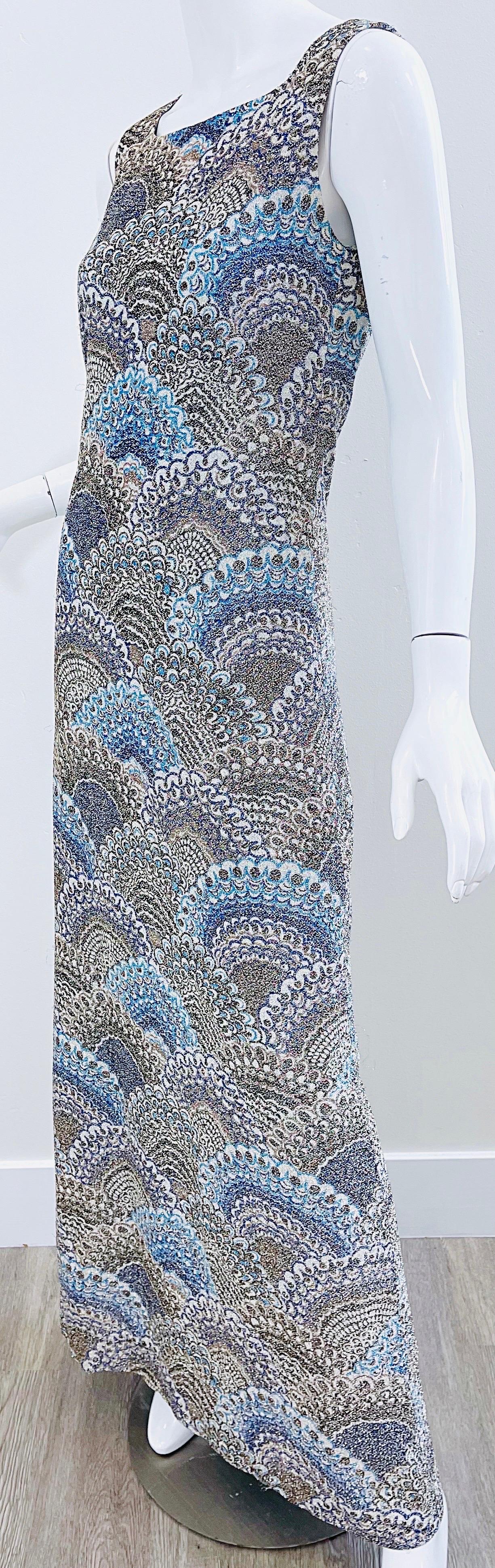 1970 Adele Simpson Silk Lurex Peacock Feather / Fan Print 70s Maxi Dress Gown en vente 7