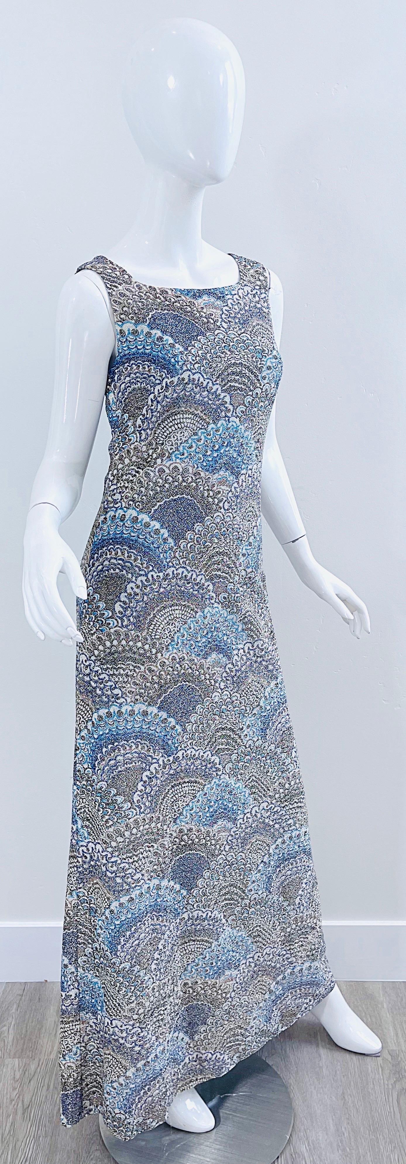 1970s Adele Simpson Silk Lurex Peacock Feather / Fan Print 70s Maxi Dress Gown For Sale 5