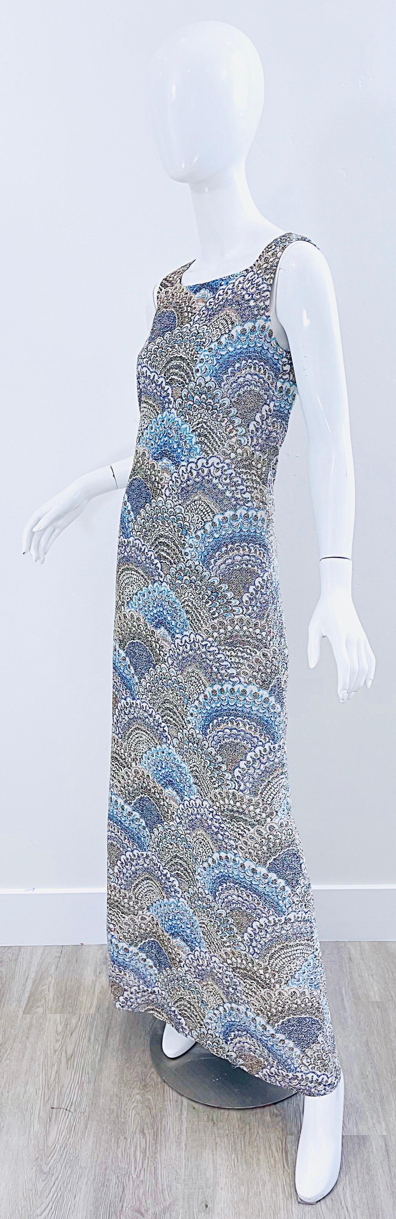 1970 Adele Simpson Silk Lurex Peacock Feather / Fan Print 70s Maxi Dress Gown Pour femmes en vente