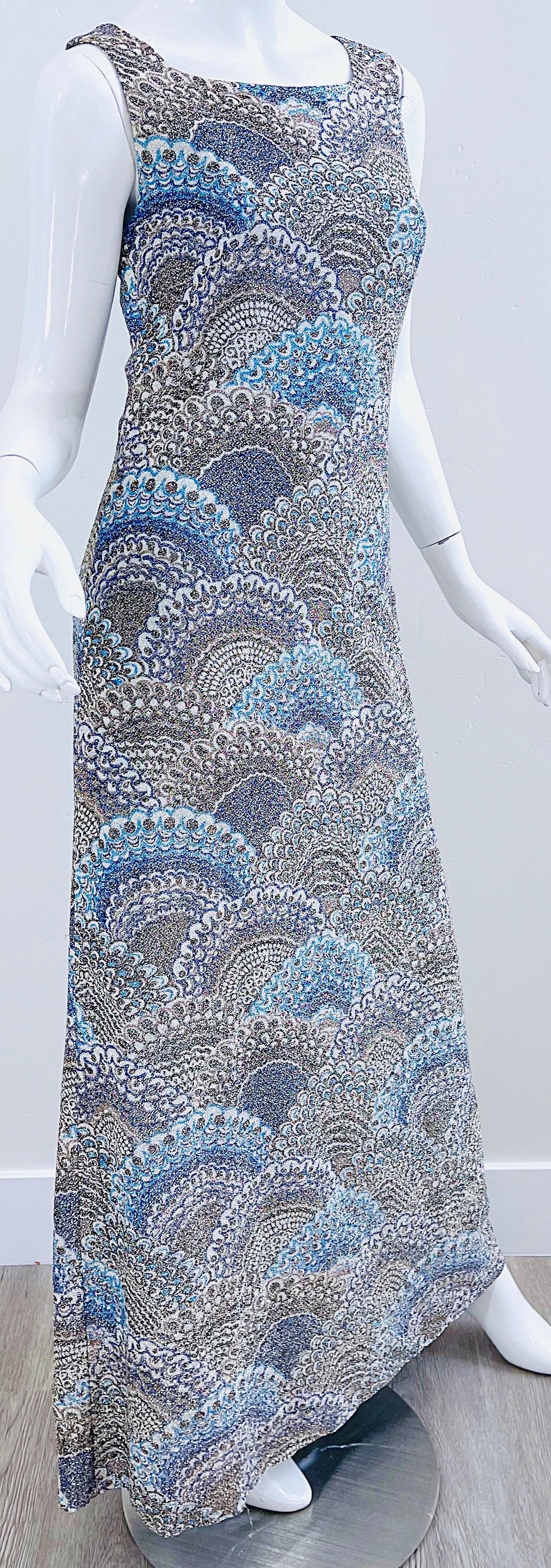 Women's 1970s Adele Simpson Silk Lurex Peacock Feather / Fan Print 70s Maxi Dress Gown For Sale