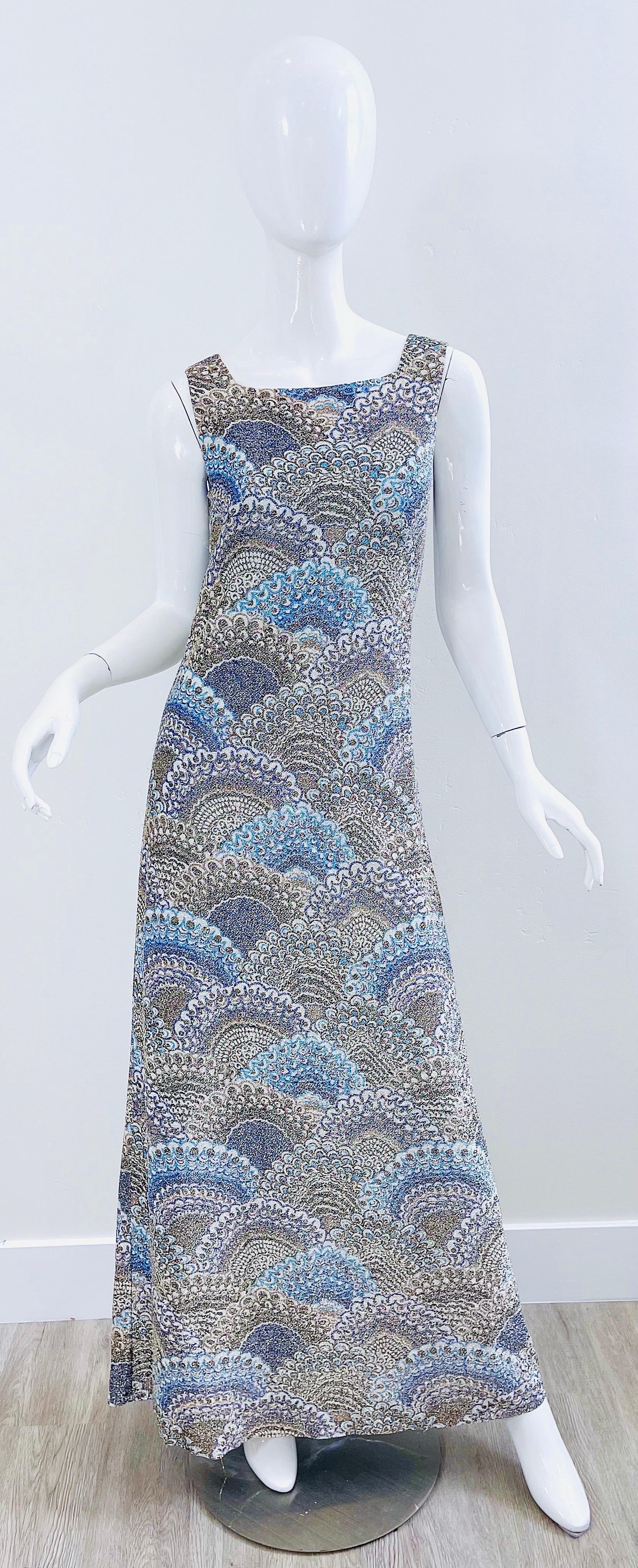 1970s Adele Simpson Silk Lurex Peacock Feather / Fan Print 70s Maxi Dress Gown For Sale 1