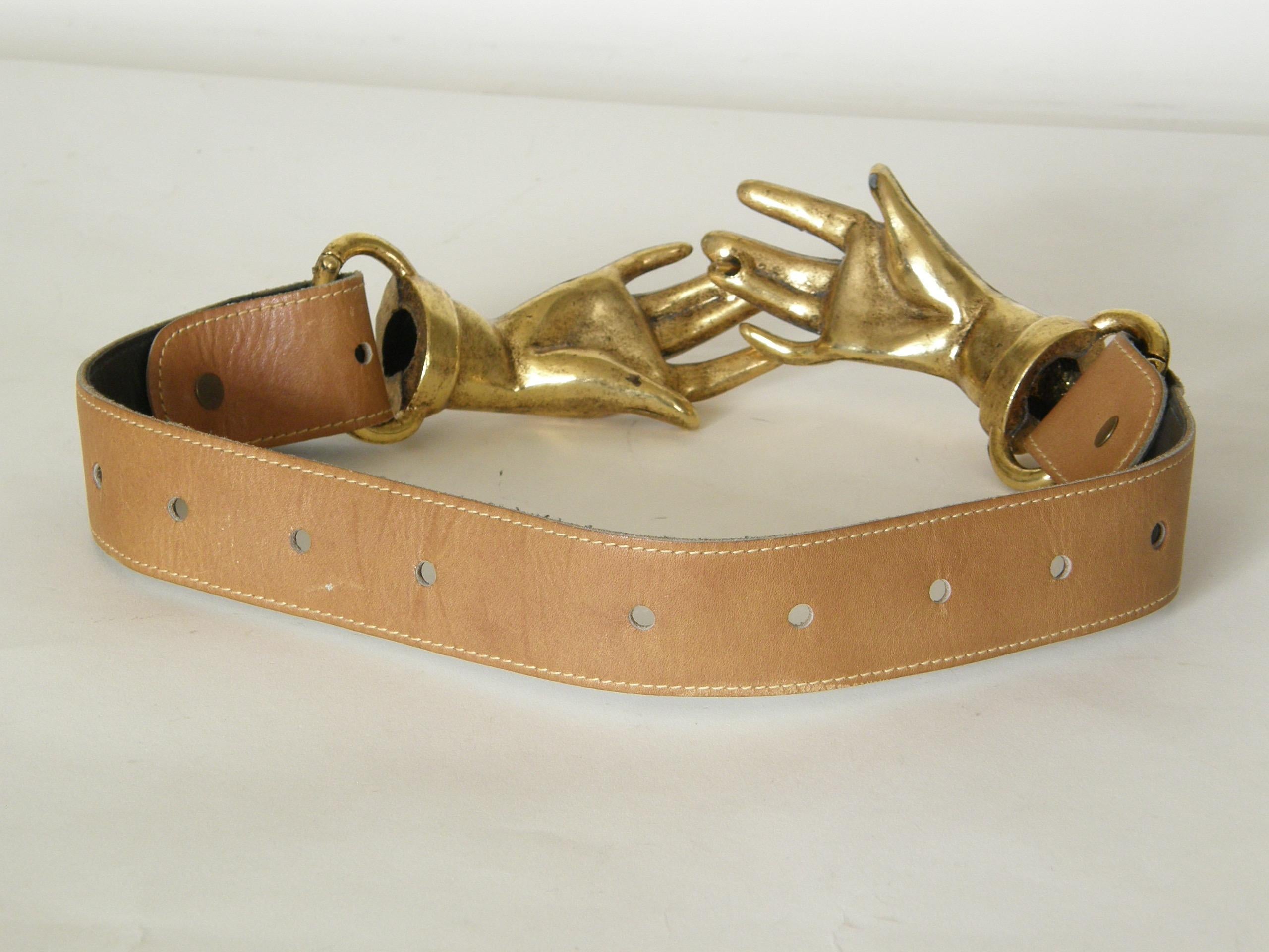 Brown 1970s Adjustable Leather Belt with Victorian Style Gilt Clasped Hands Buckle