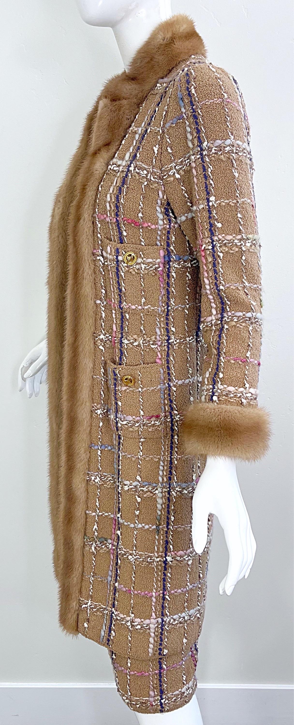 1970s Adolfo at Saks Fifth Avenue Camel Wool Tweed Skirt Suit with Mink Fur Trim For Sale 5