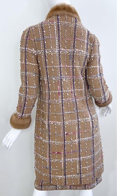 1970s Adolfo at Saks Fifth Avenue Camel Wool Tweed Skirt Suit with Mink Fur Trim