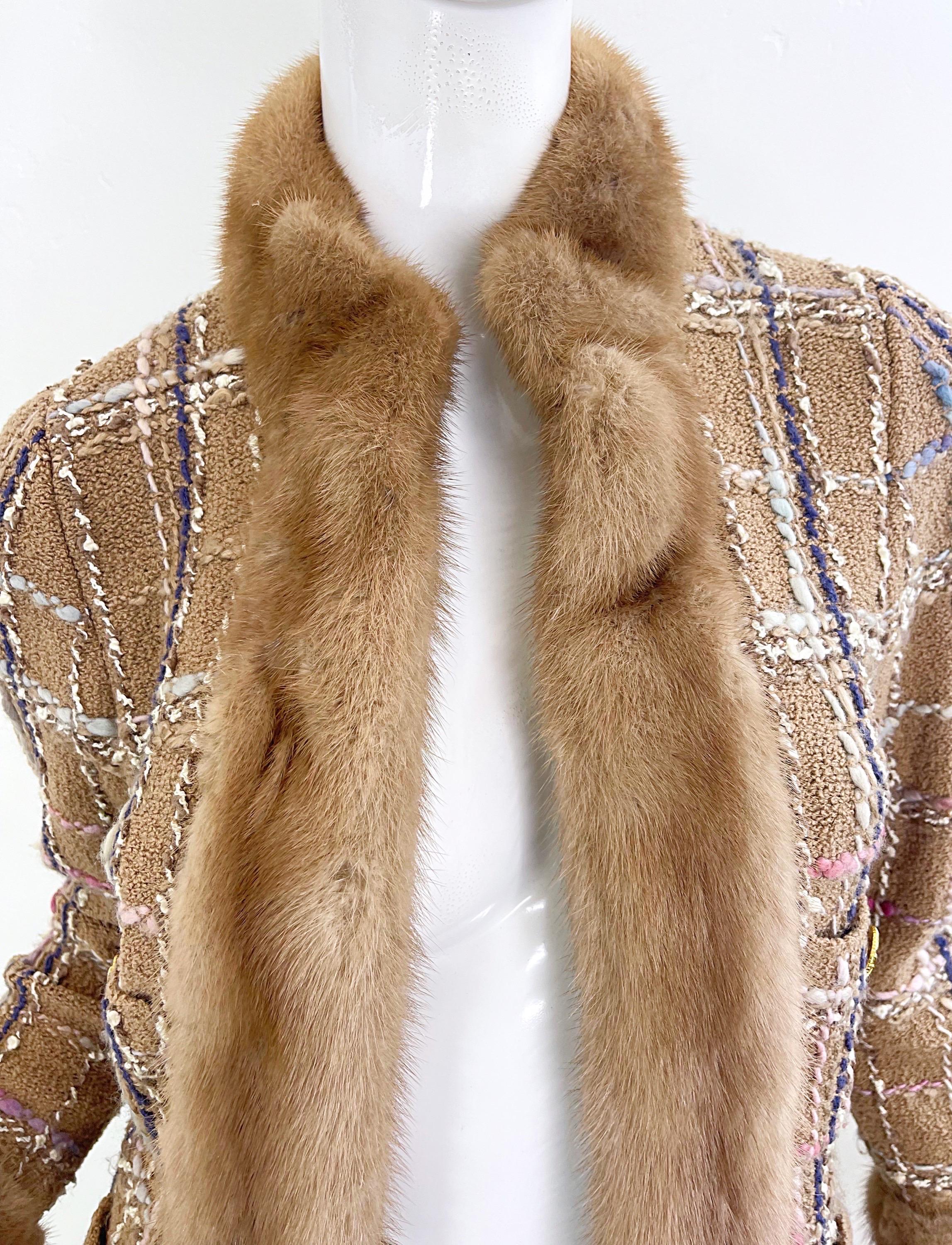 Brown 1970s Adolfo at Saks Fifth Avenue Camel Wool Tweed Skirt Suit with Mink Fur Trim For Sale