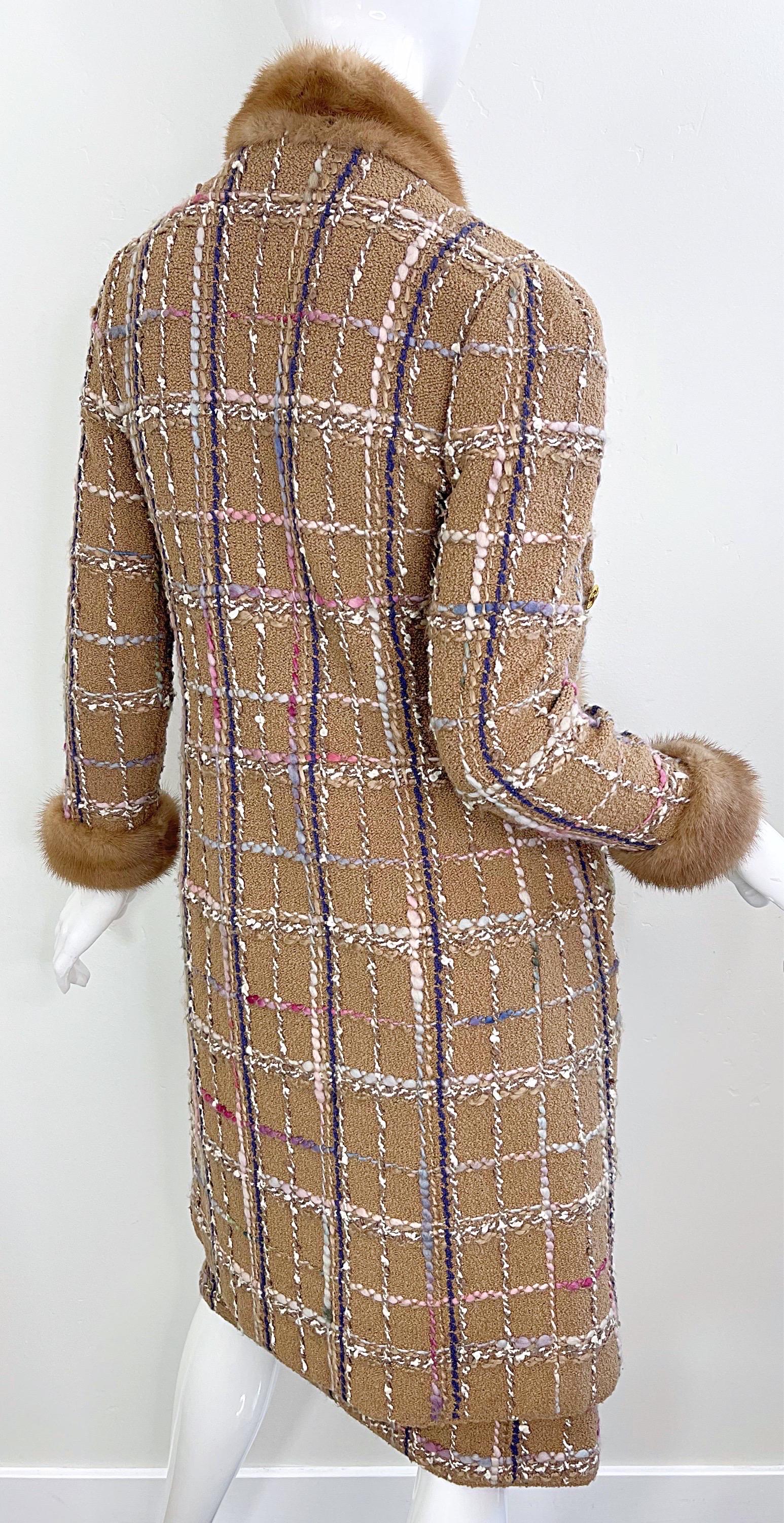 Women's 1970s Adolfo at Saks Fifth Avenue Camel Wool Tweed Skirt Suit with Mink Fur Trim For Sale