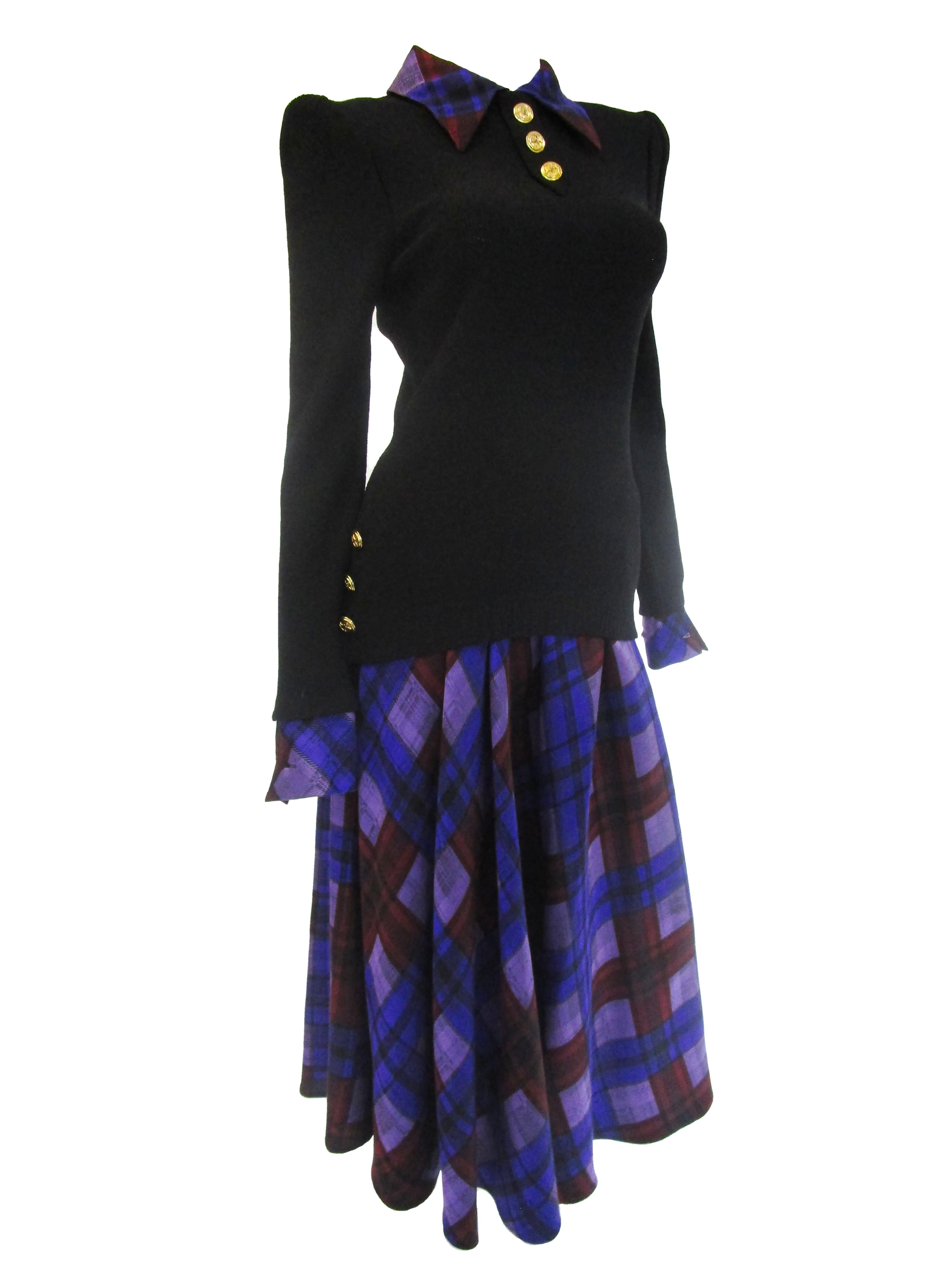 1970s Adolfo Black and Purple Knit and Silk Ensemble In Excellent Condition For Sale In Houston, TX