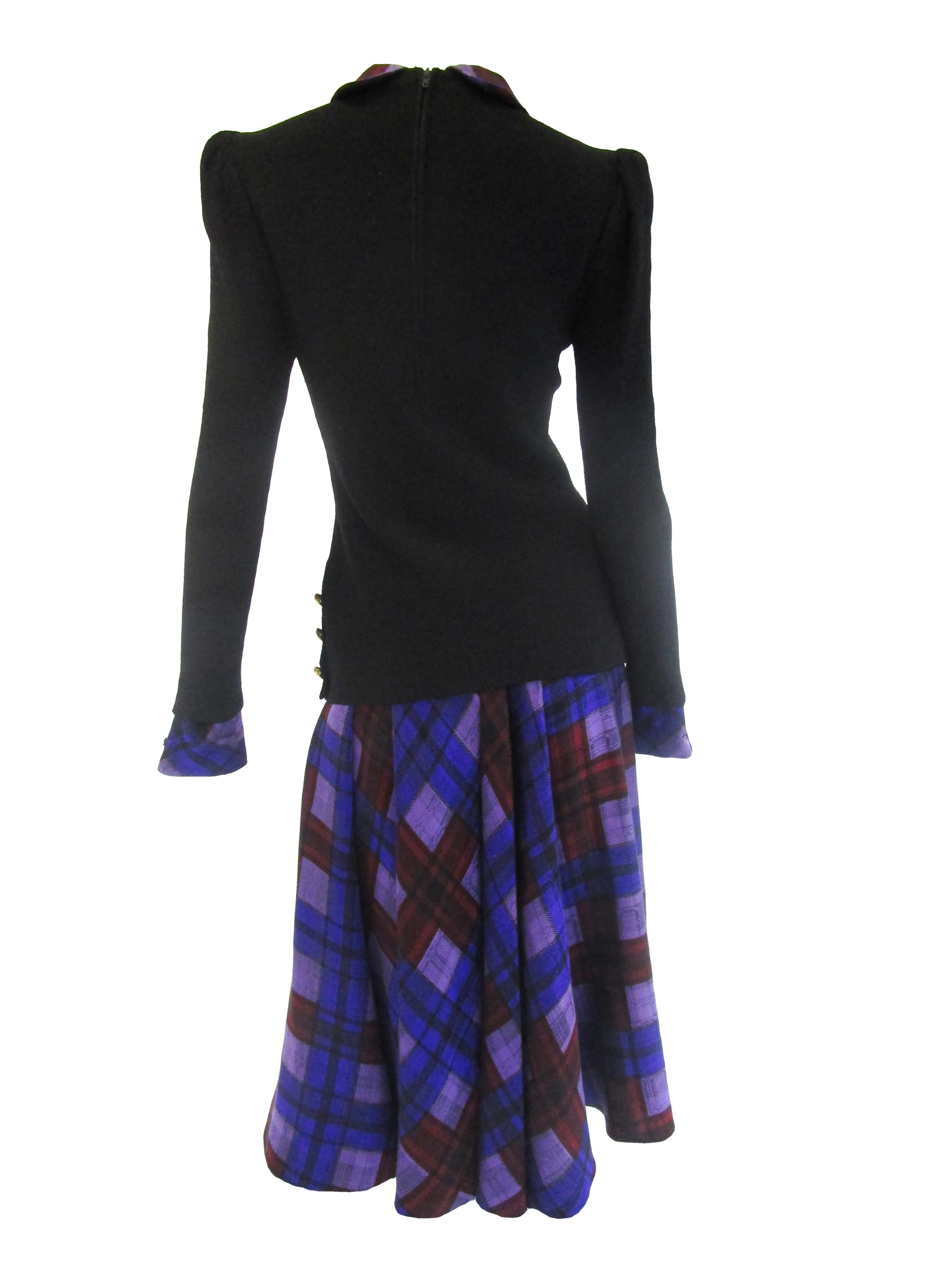 Women's 1970s Adolfo Black and Purple Knit and Silk Ensemble For Sale