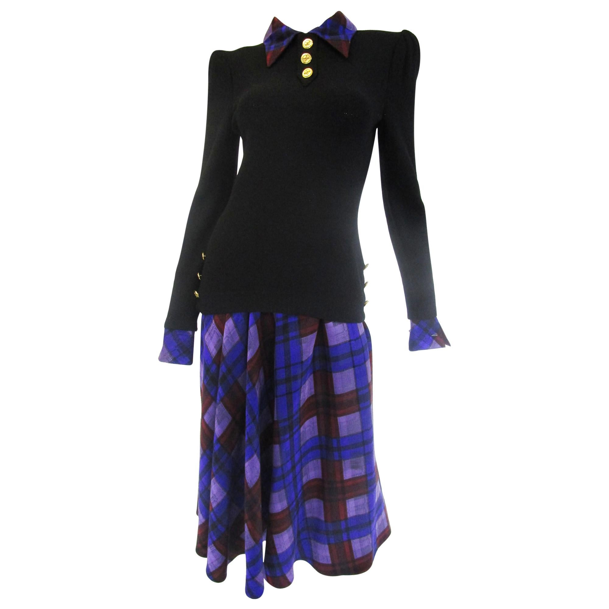 1970s Adolfo Black and Purple Knit and Silk Ensemble For Sale