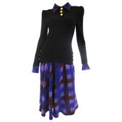 1970s Adolfo Black and Purple Knit and Silk Ensemble