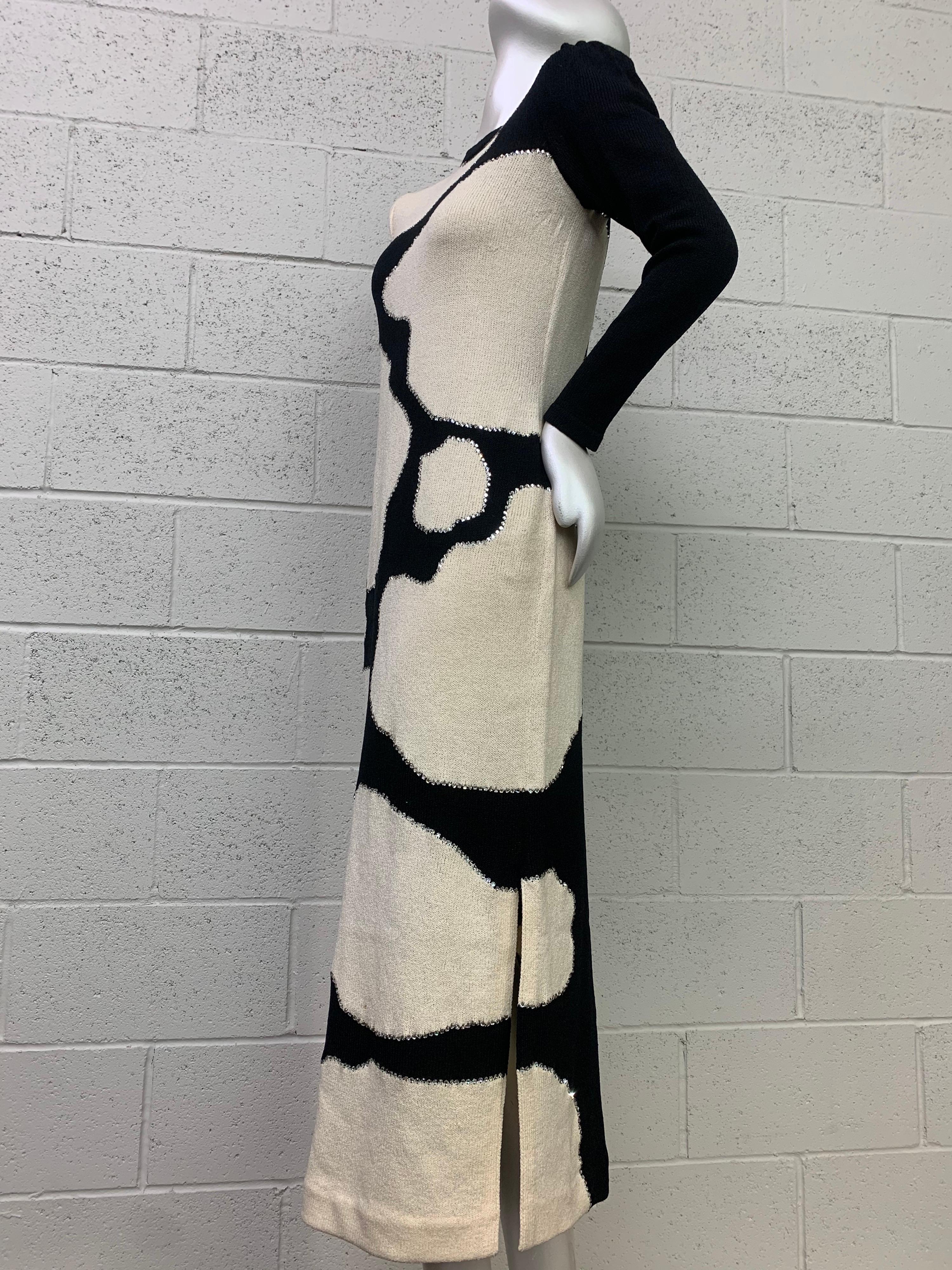 1970s Adolfo Black and White Graphic Maxi Knit Dress w/ Rhinestone Accents For Sale 6