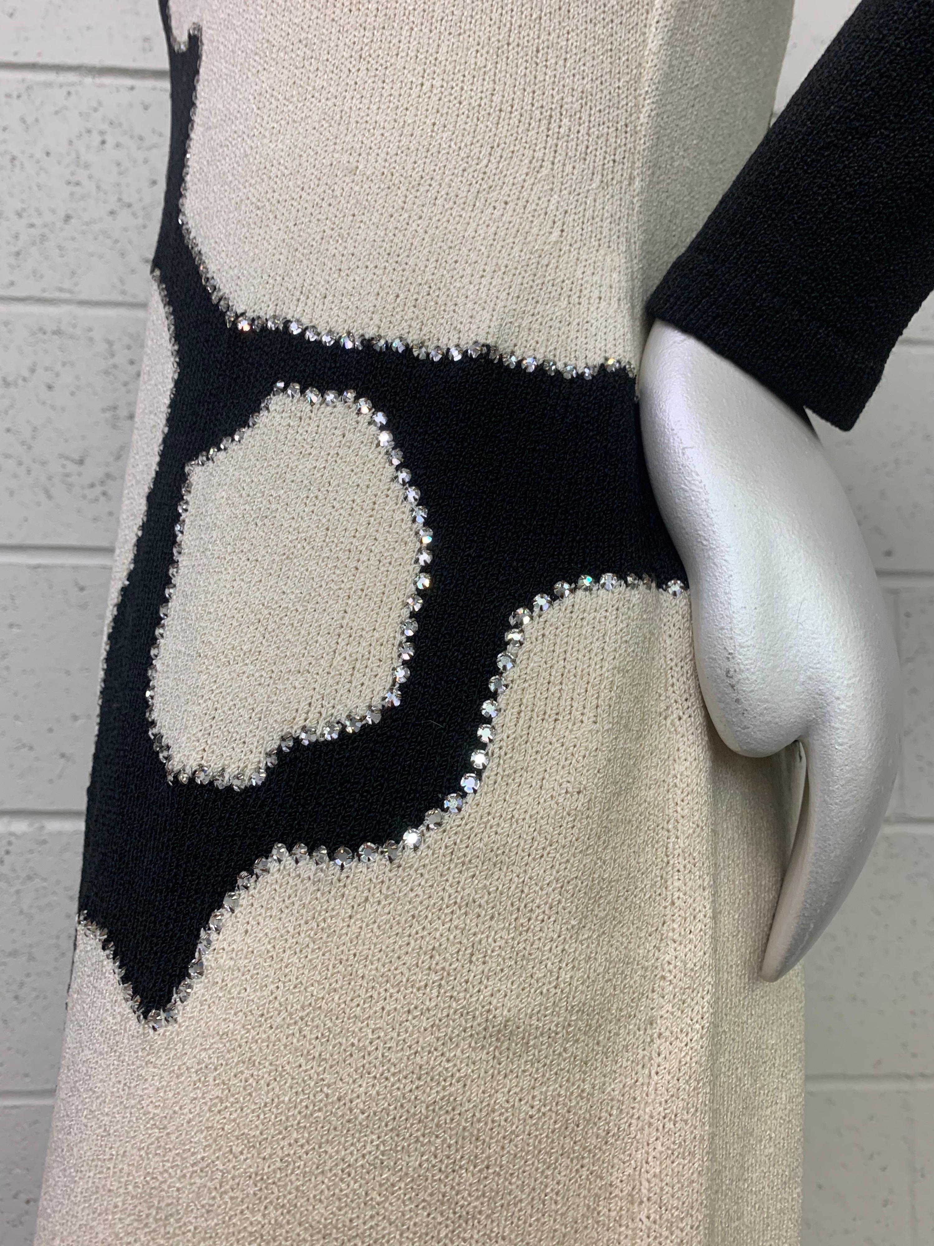 1970s Adolfo Black and White Graphic Maxi Knit Dress w/ Rhinestone Accents For Sale 8