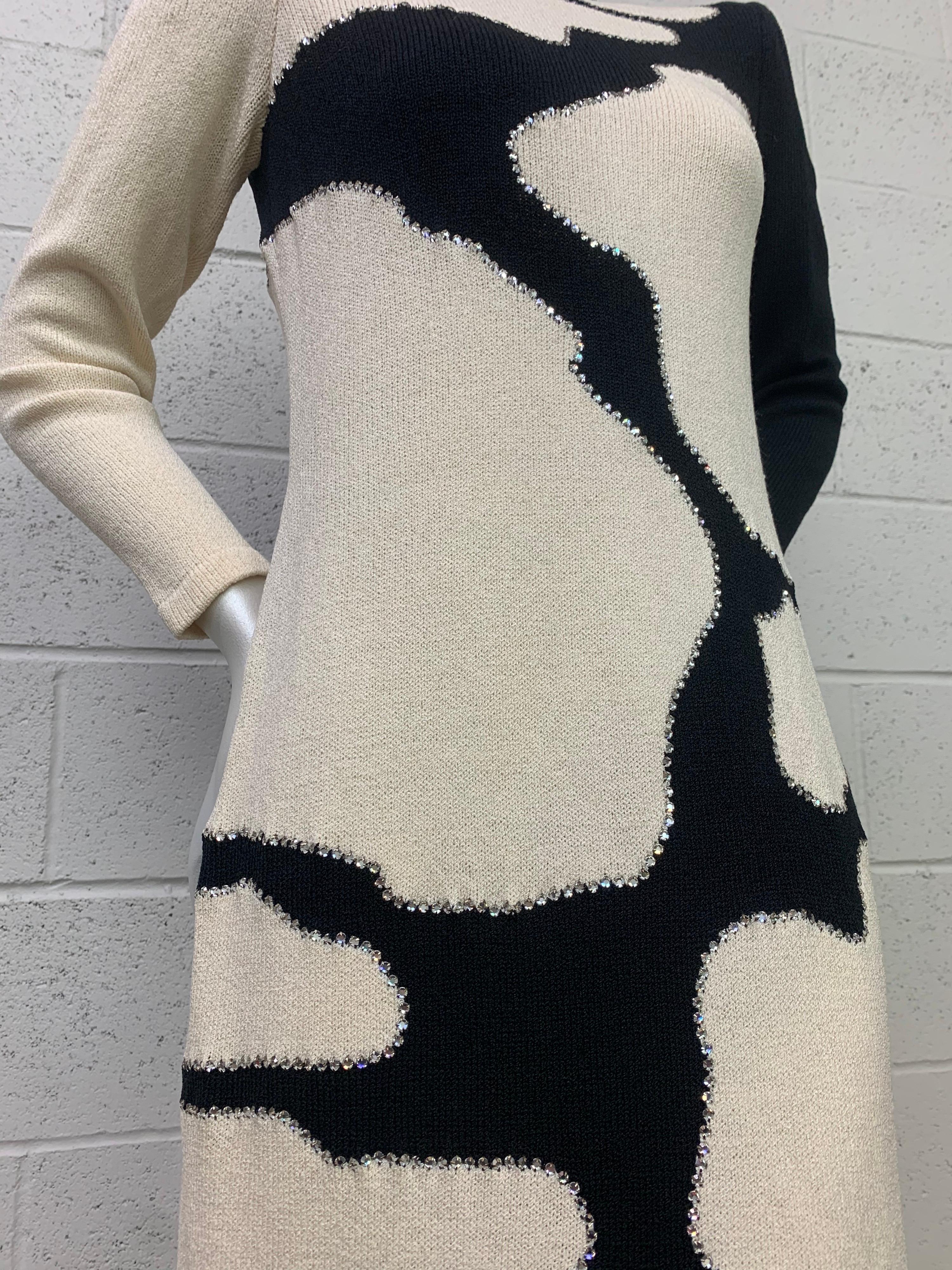 Gray 1970s Adolfo Black and White Graphic Maxi Knit Dress w/ Rhinestone Accents For Sale
