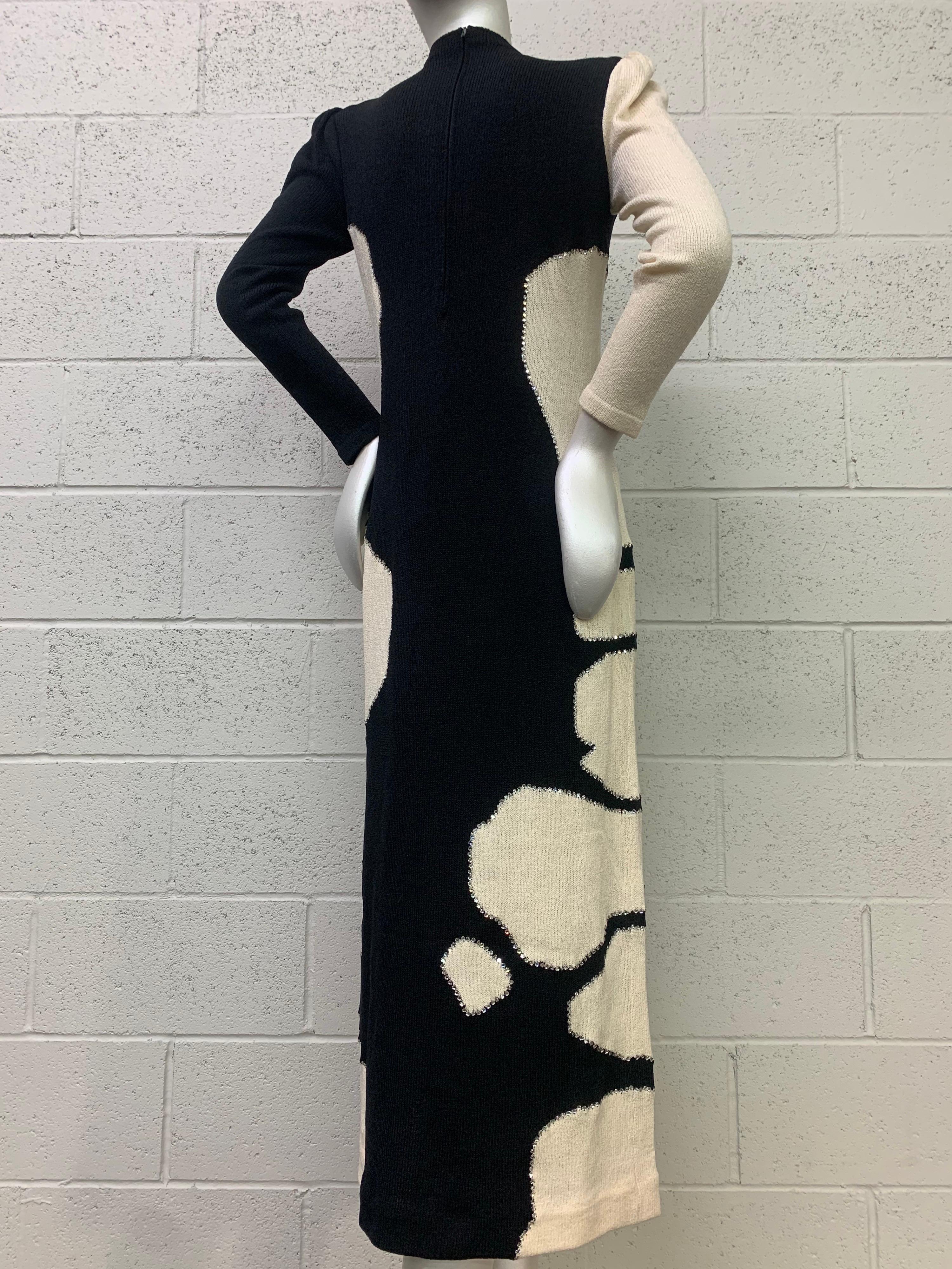1970s Adolfo Black and White Graphic Maxi Knit Dress w/ Rhinestone Accents For Sale 3