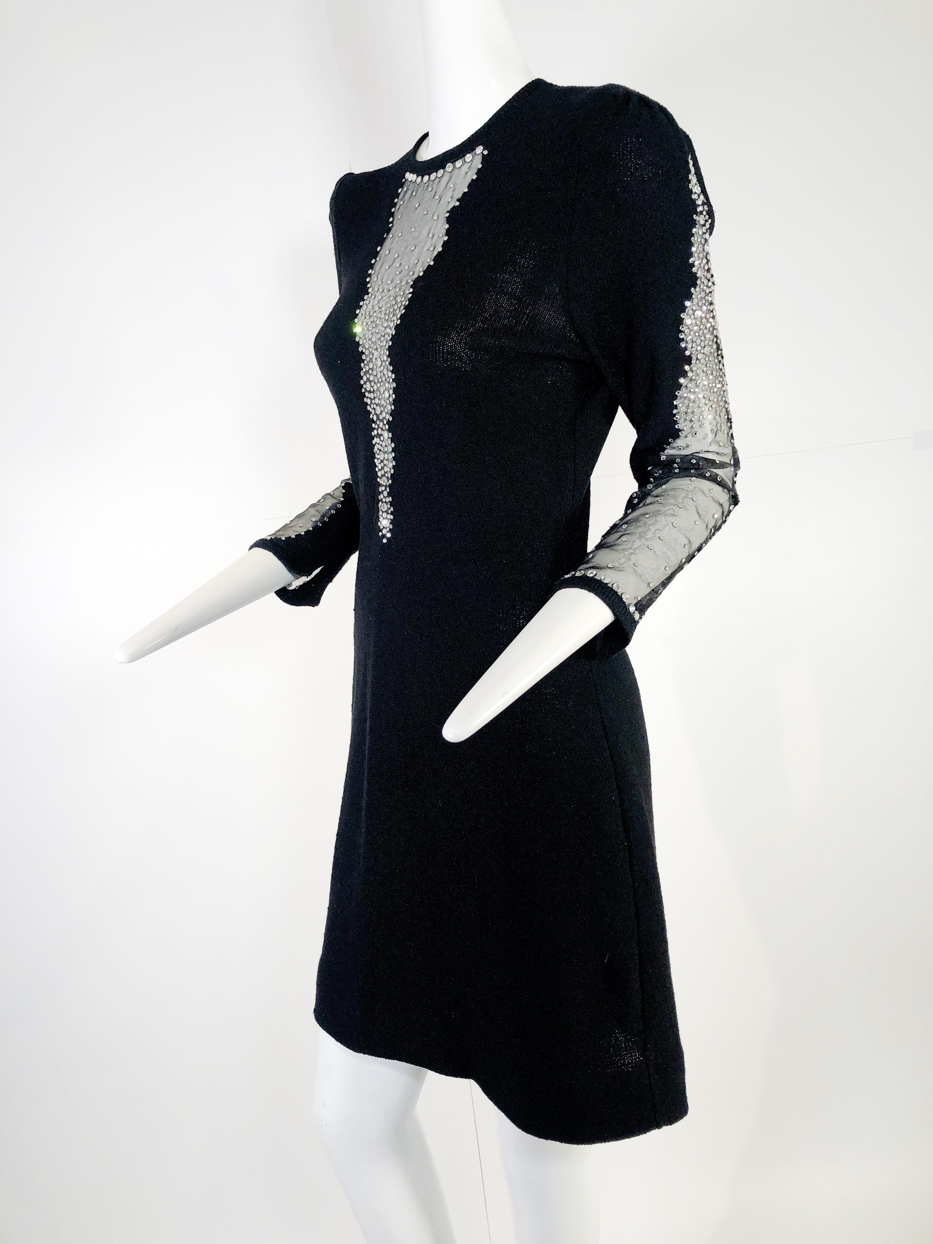 Women's 1970s Adolfo Black Knit Cocktail Dress w/ Deep Sheer and Rhinestone Panels