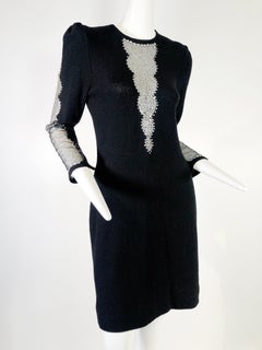 1970s Adolfo Black Knit Cocktail Dress w/ Deep Sheer and Rhinestone Panels