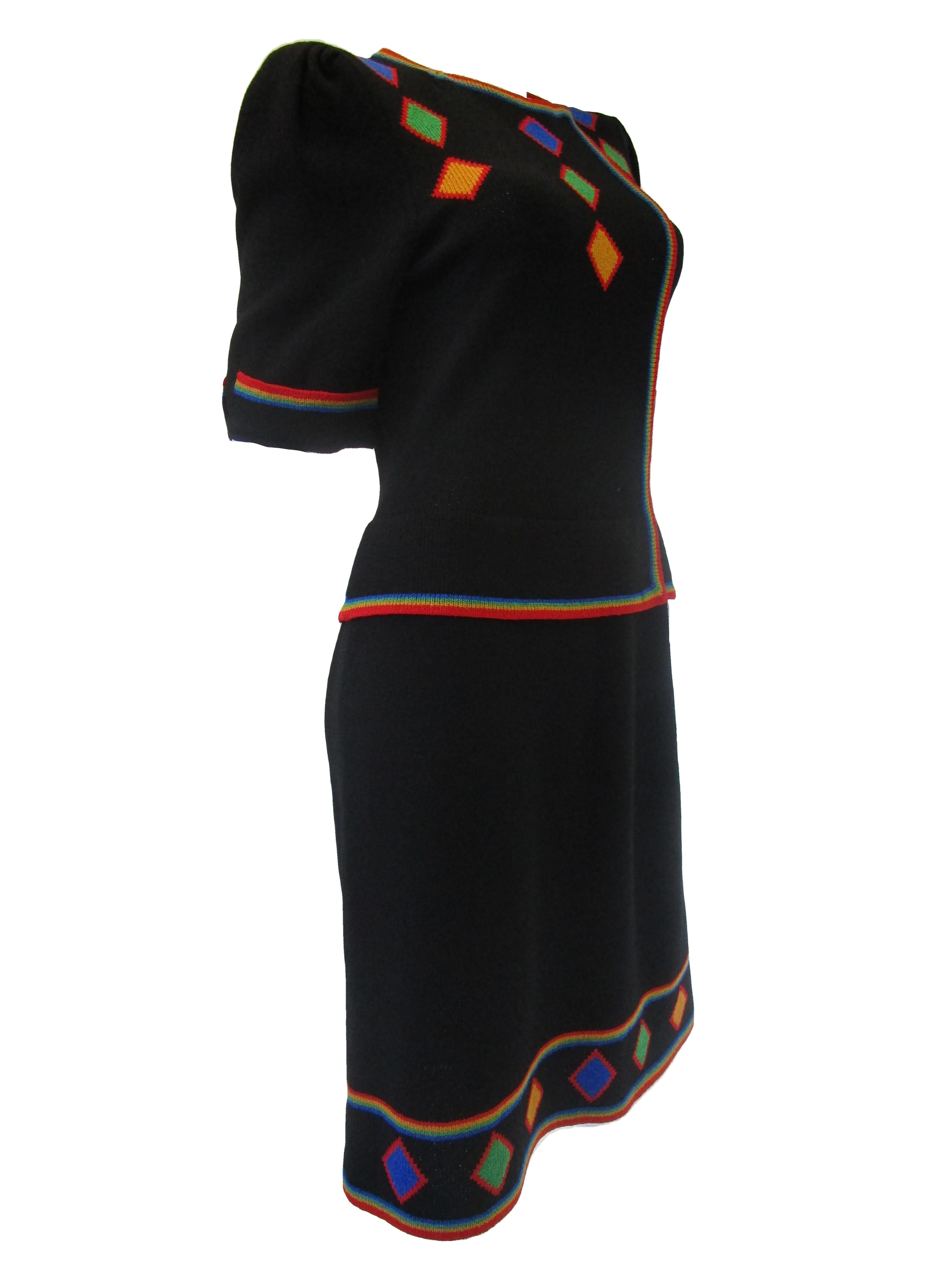 Women's 1970s Adolfo Black Knit Dress With Rainbow Details  For Sale
