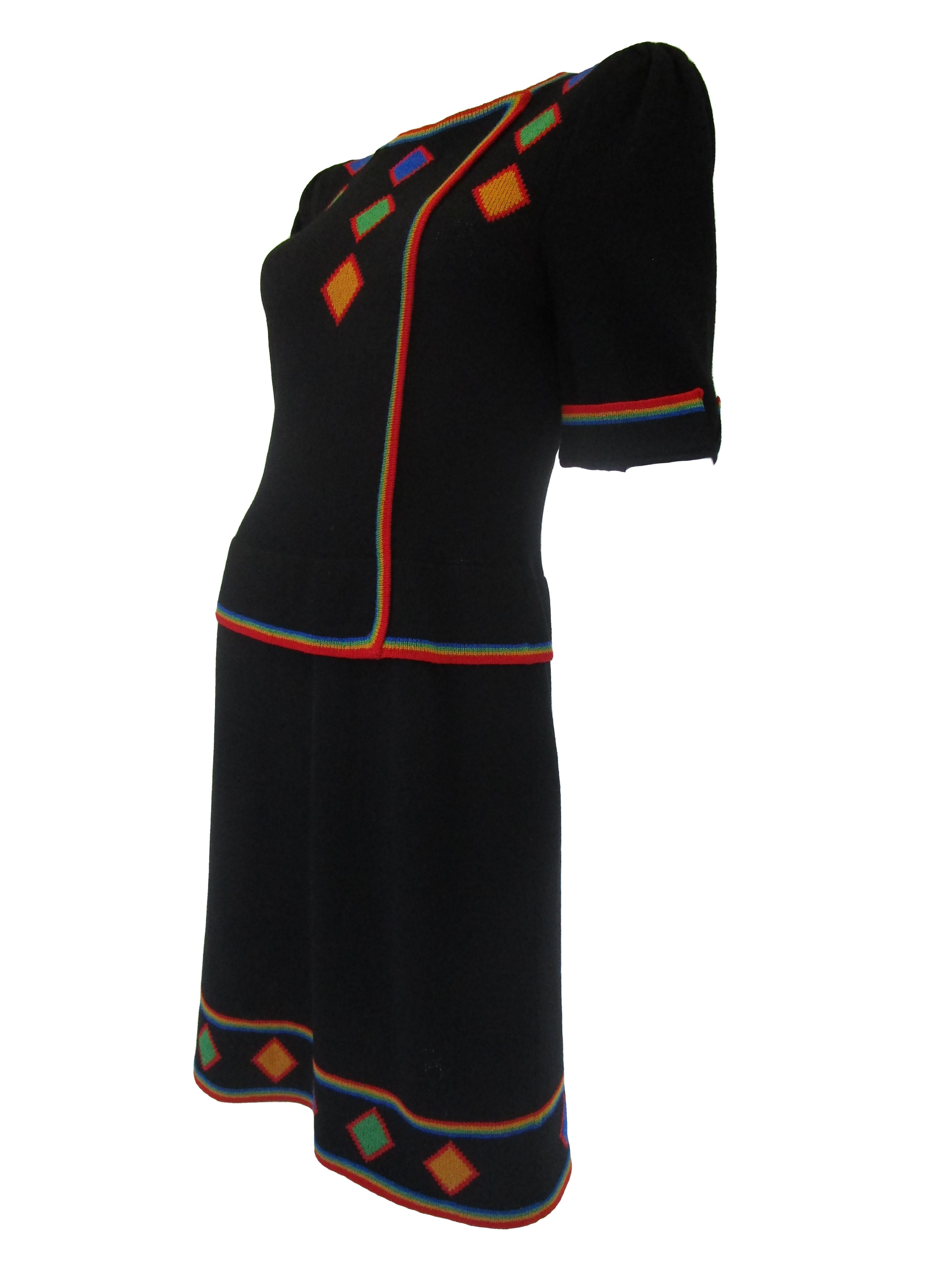 1970s Adolfo Black Knit Dress With Rainbow Details  For Sale 1