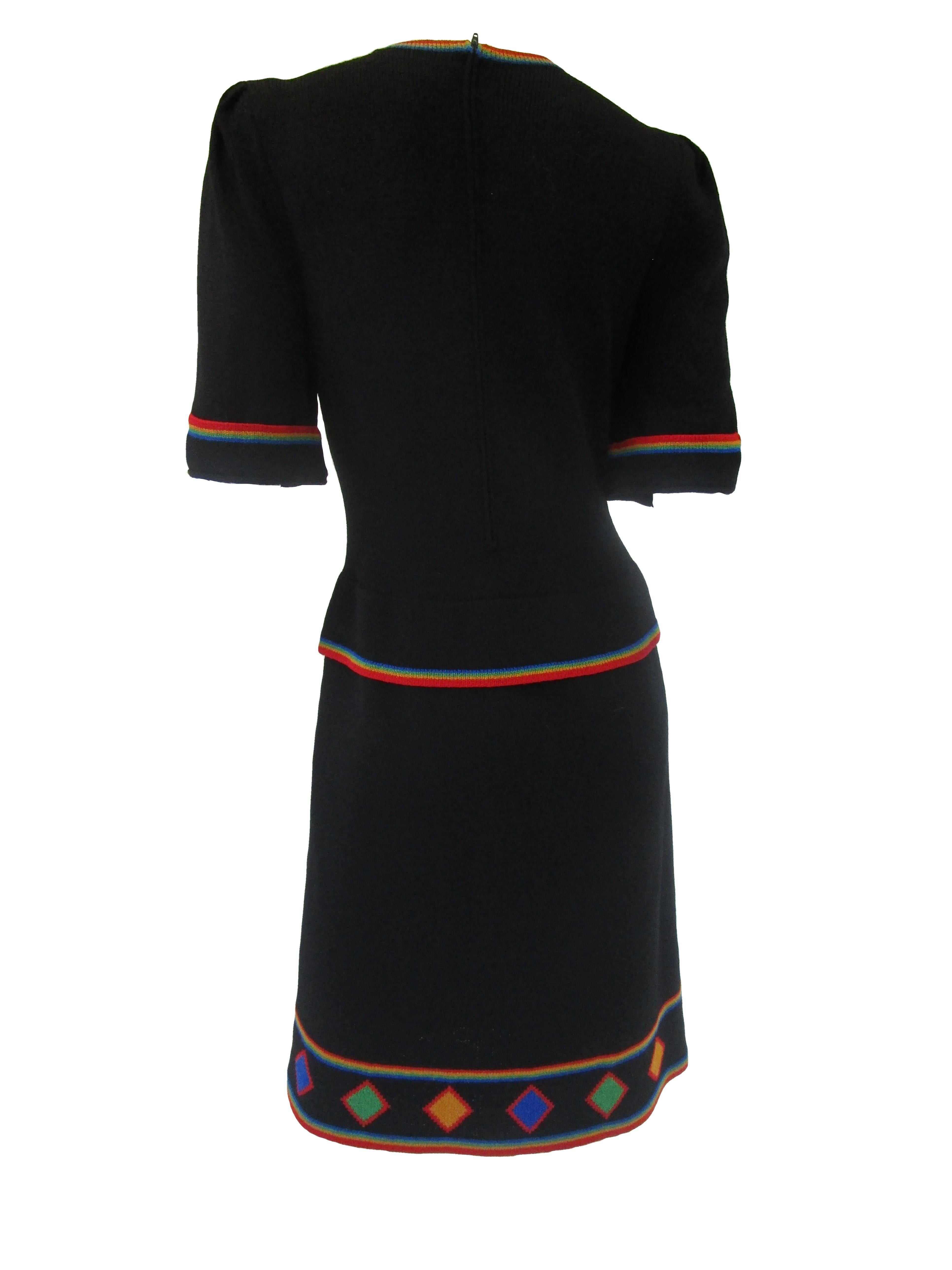 1970s Adolfo Black Knit Dress With Rainbow Details  For Sale 2