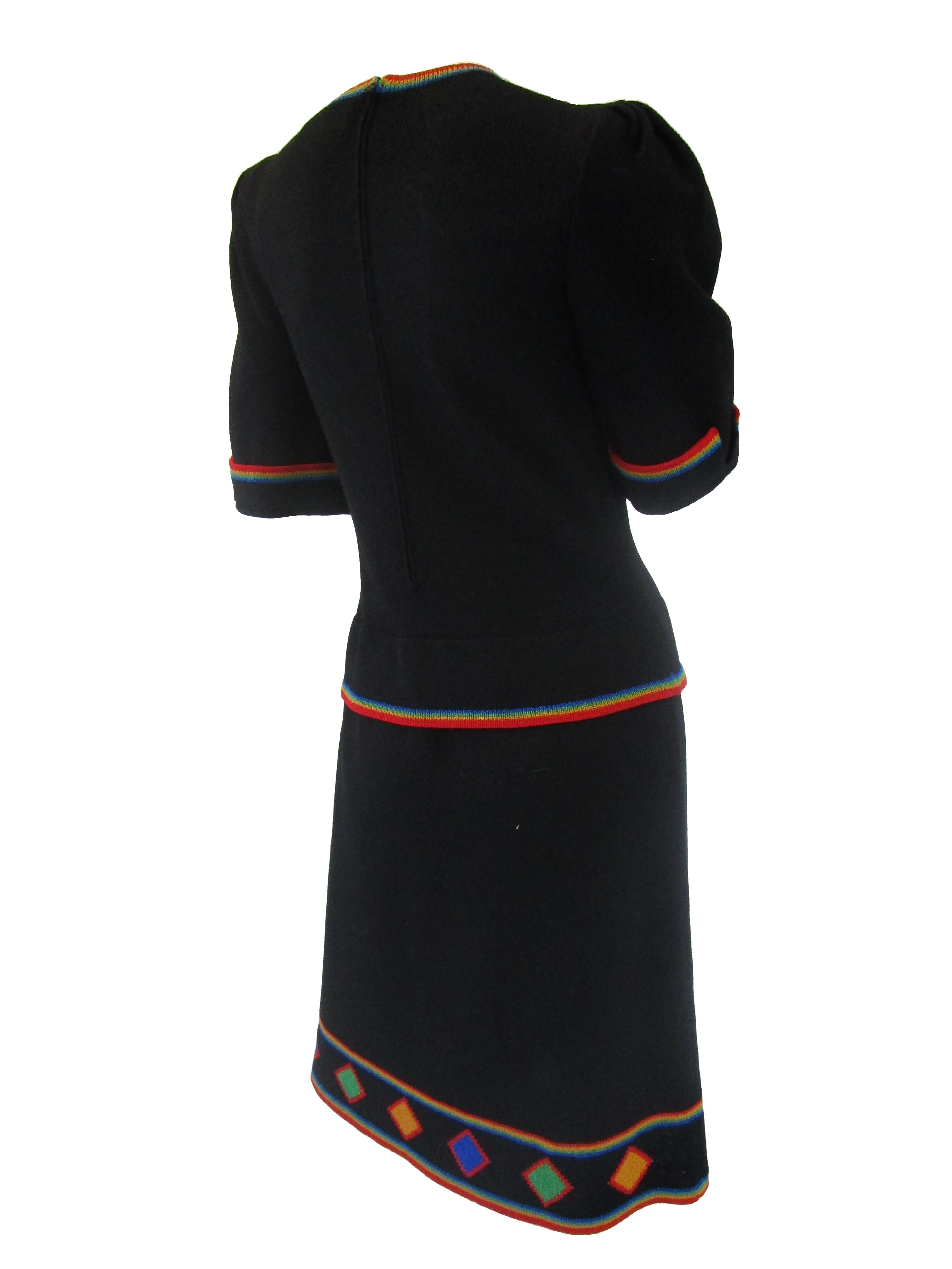1970s Adolfo Black Knit Dress With Rainbow Details  For Sale 3