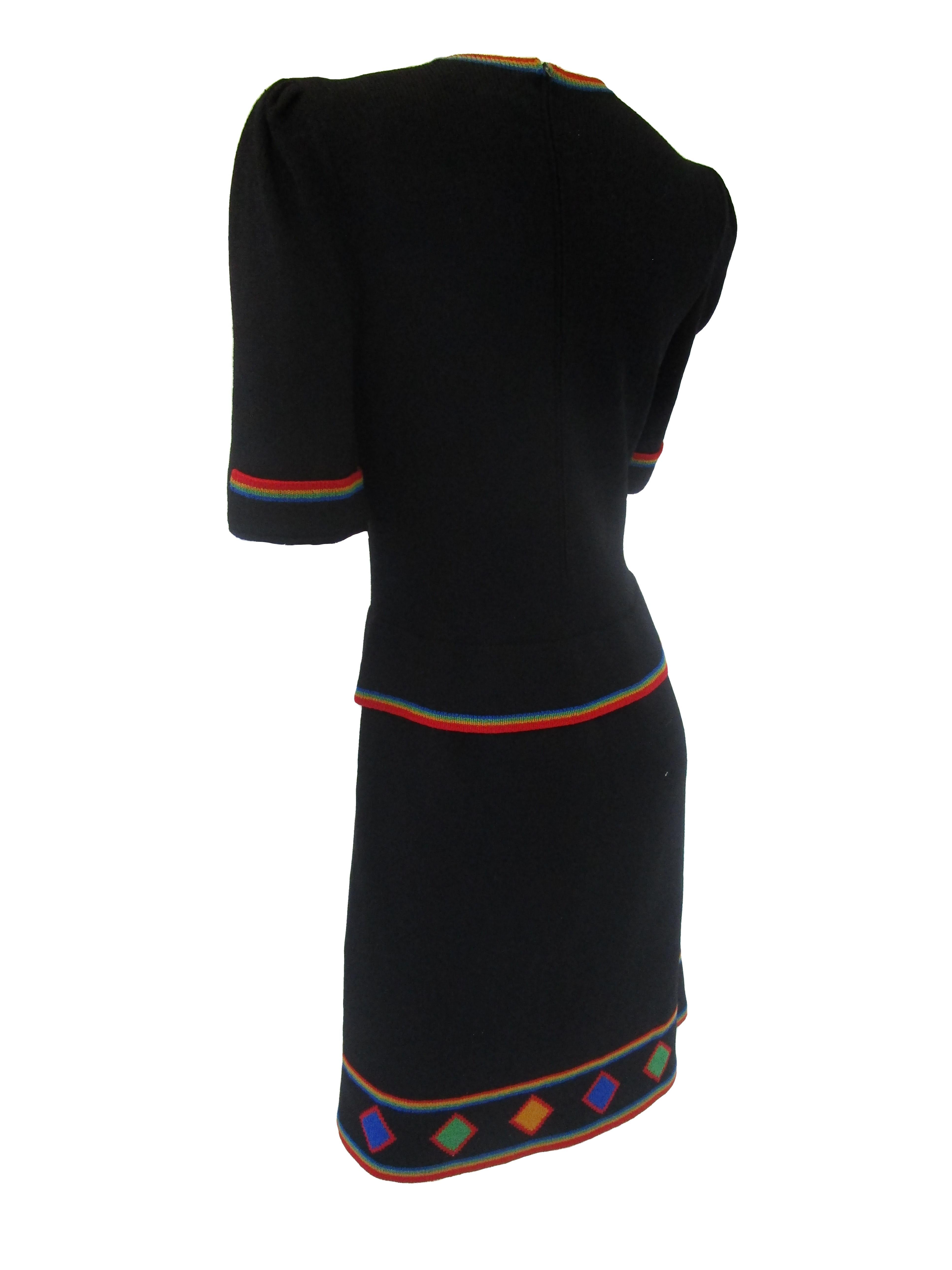 1970s Adolfo Black Knit Dress With Rainbow Details  For Sale 4