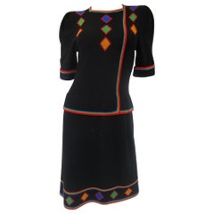 1970s Adolfo Black Knit Dress With Rainbow Details