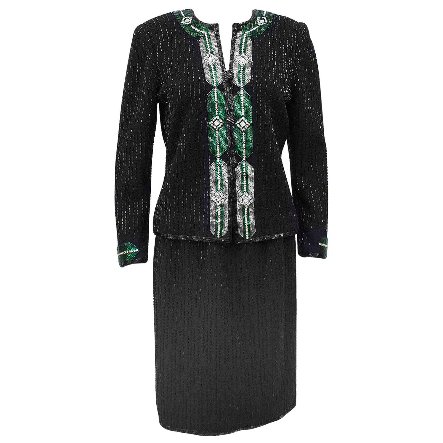 Traje de noche de punto negro Adolfo de los años 70 con pedrería de inspiración art déco en venta