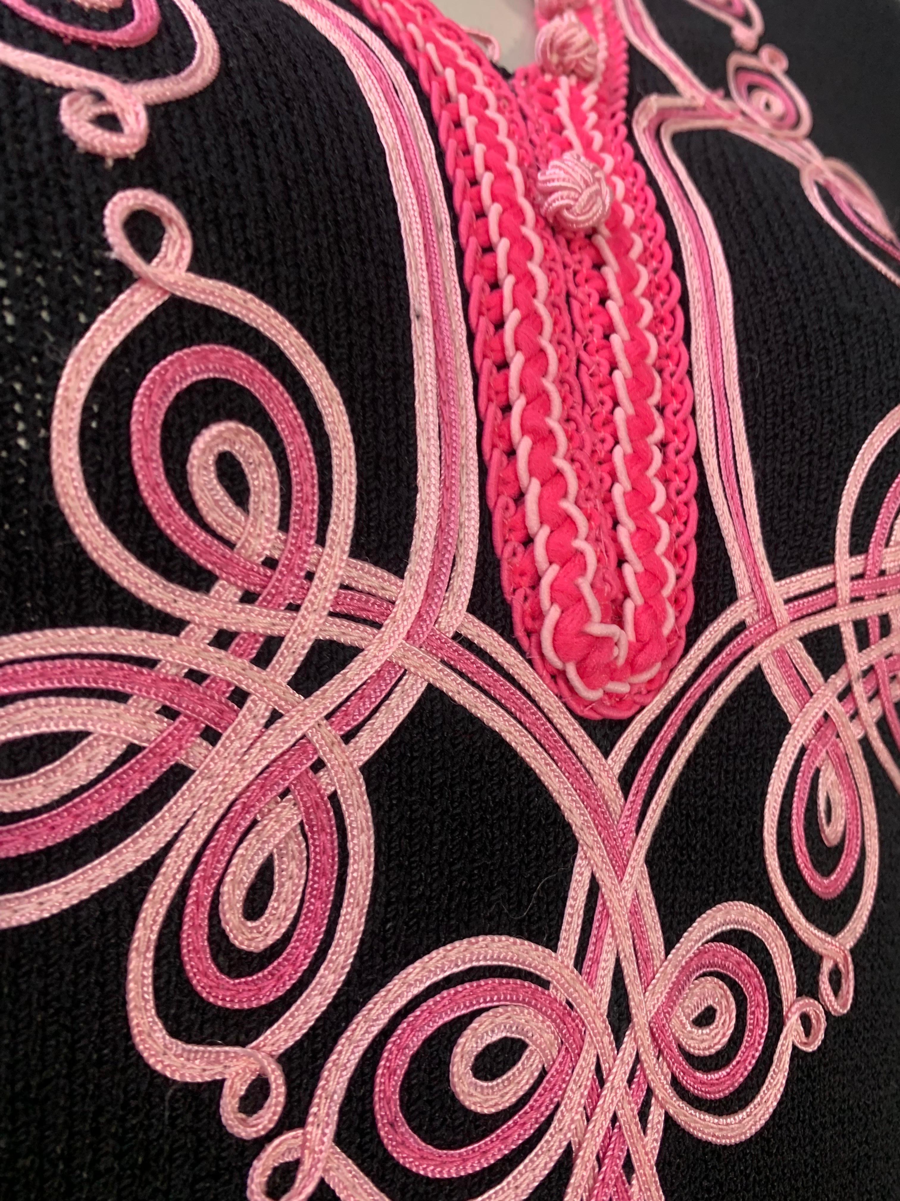 Women's 1970s Adolfo Black Knit Tunic Top w Pink Moroccan Ribbon Motifs at Neckline