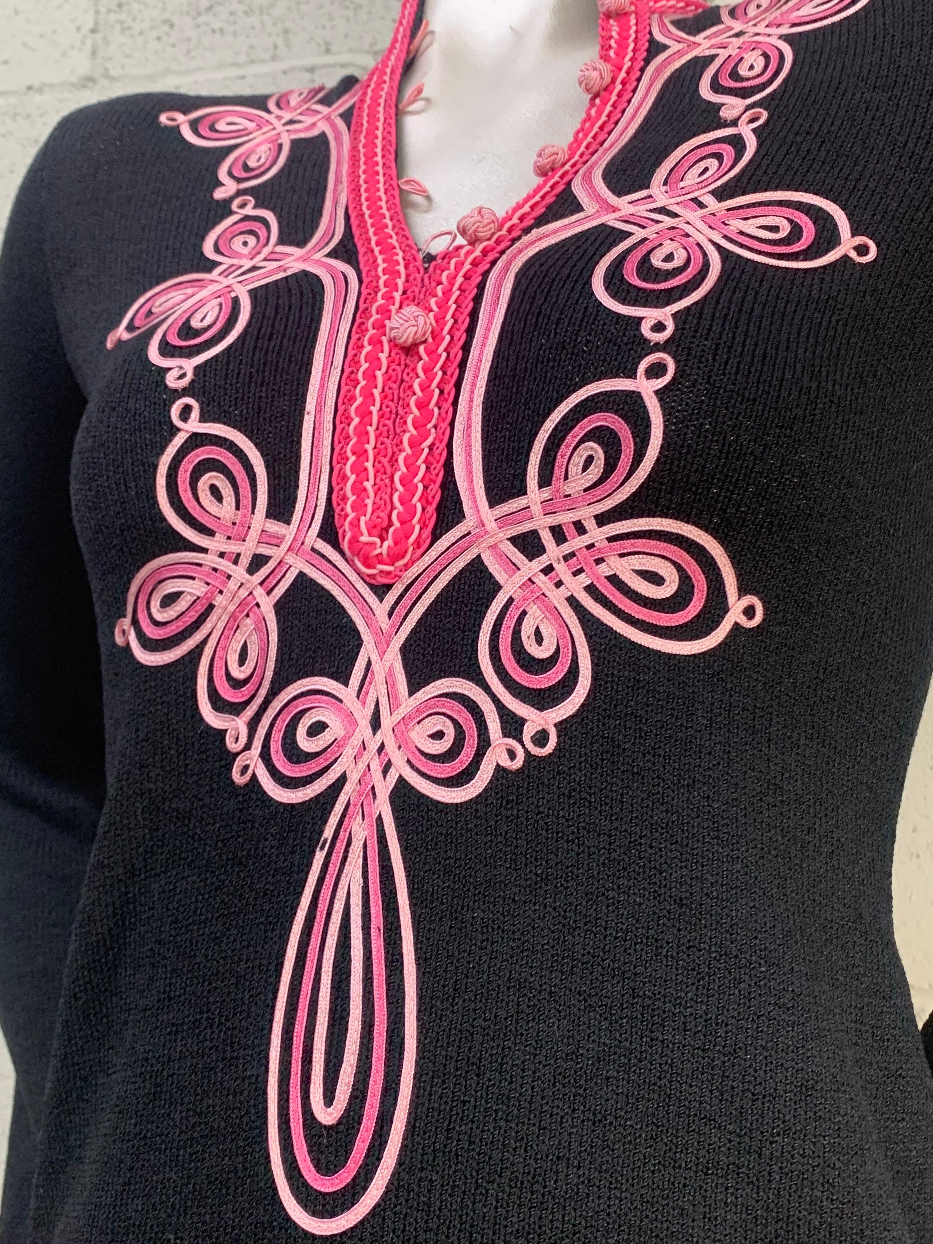 1970s Adolfo Black Knit Tunic Top w Pink Moroccan Ribbon Motifs at Neckline 2