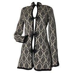 1970s Adolfo Black/White Arabesque Pattern Knit Tunic Jacket w Frog Closures