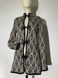 1970s Adolfo Black/White Arabesque Pattern Knit Tunic Jacket w Frog Closures