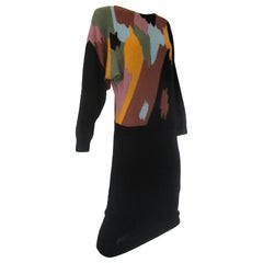 1970s Adolfo Black with Abstract Earth Tones Knit Midi Sweater Dress 