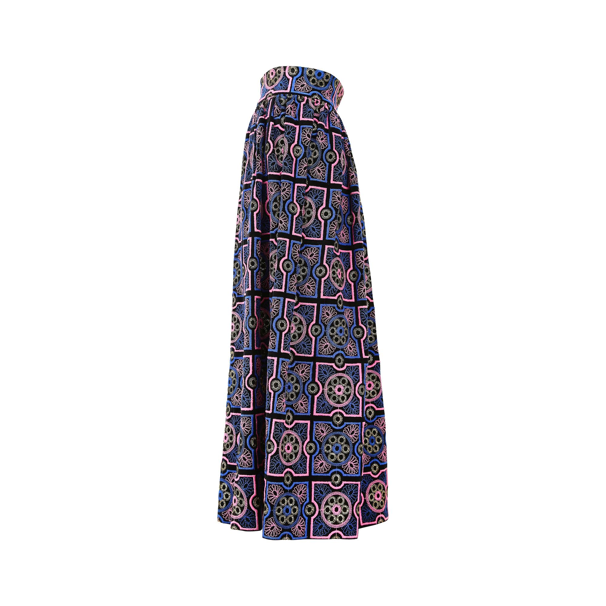 Black 1970s Adolfo Blue and Pink Embroidered Velvet Maxi Skirt For Sale