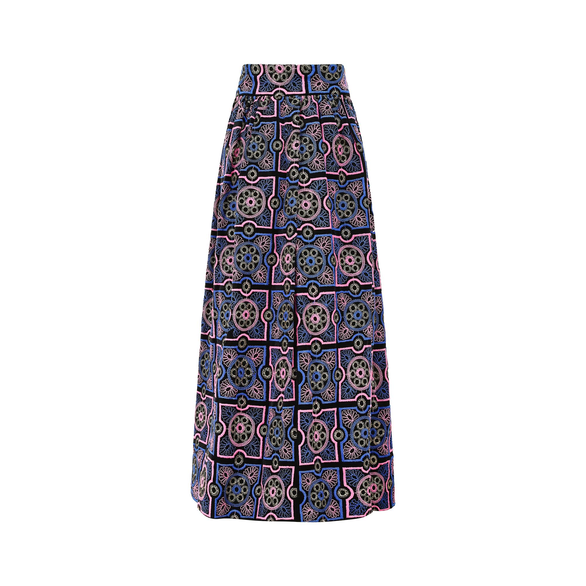 1970s Adolfo Blue and Pink Embroidered Velvet Maxi Skirt In Excellent Condition For Sale In London, GB