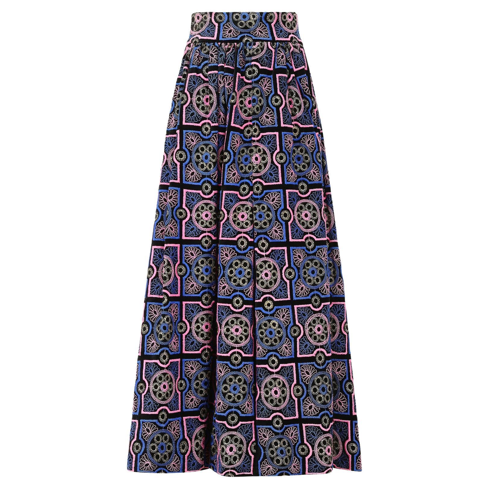 1970s Adolfo Blue and Pink Embroidered Velvet Maxi Skirt For Sale