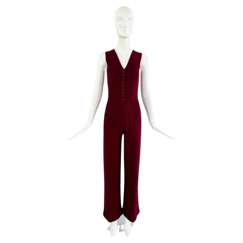 1970s Adolfo Burgundy Knit One Piece Jumpsuit For Sale