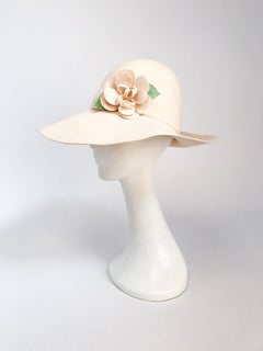 1970s Adolfo Cream Felt Hat with Handmade Flower Embellishment