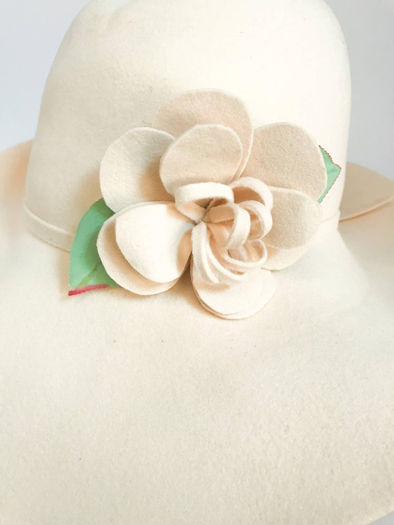 1970s Adolfo Cream Felt Hat with Handmade Flower Embellishment at 1stdibs