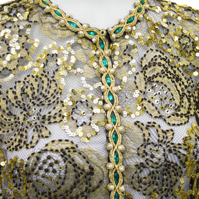 1970s Adolfo Gold Lace Beaded Evening Tunic