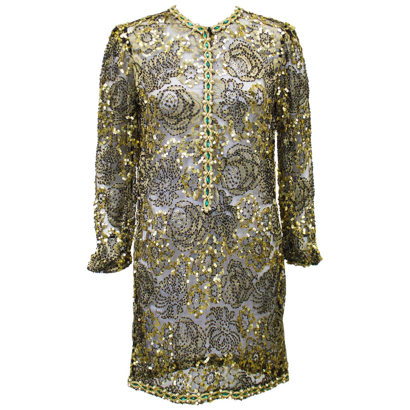 1970s Adolfo Gold Lace Beaded Evening Tunic