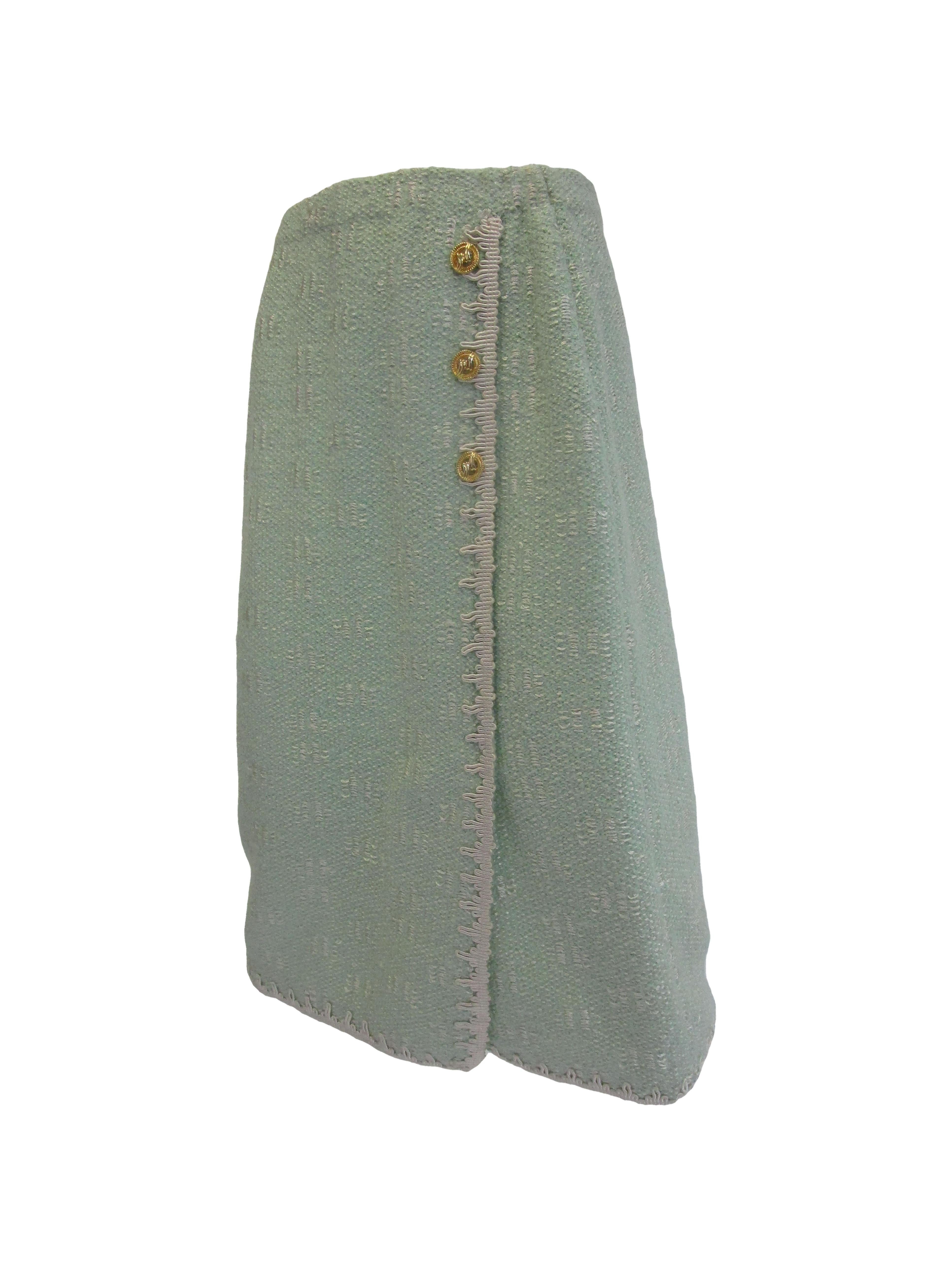 1970s Adolfo Mint Green Wool Knit Skirt and Jacket For Sale 5