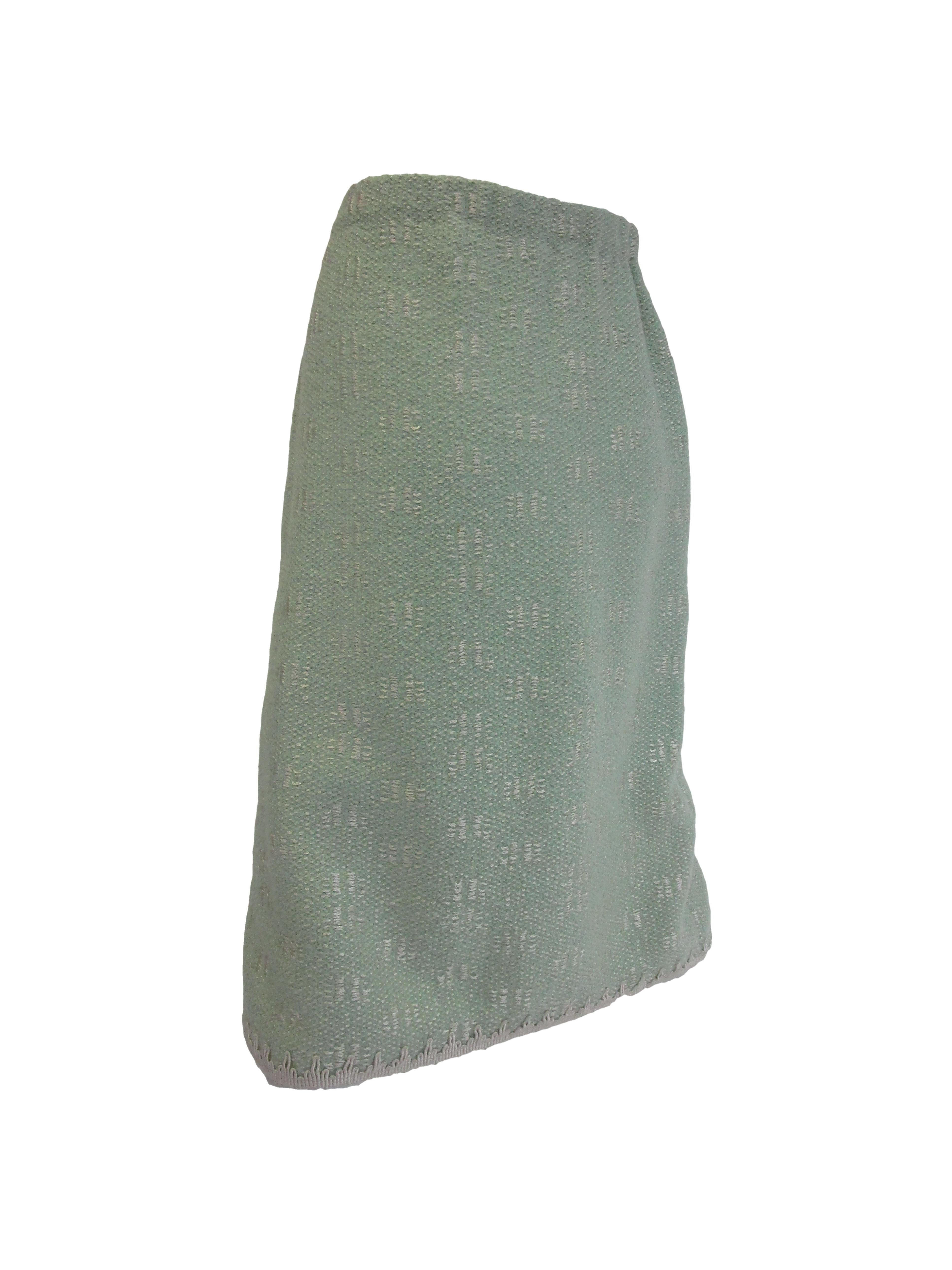 1970s Adolfo Mint Green Wool Knit Skirt and Jacket For Sale 8