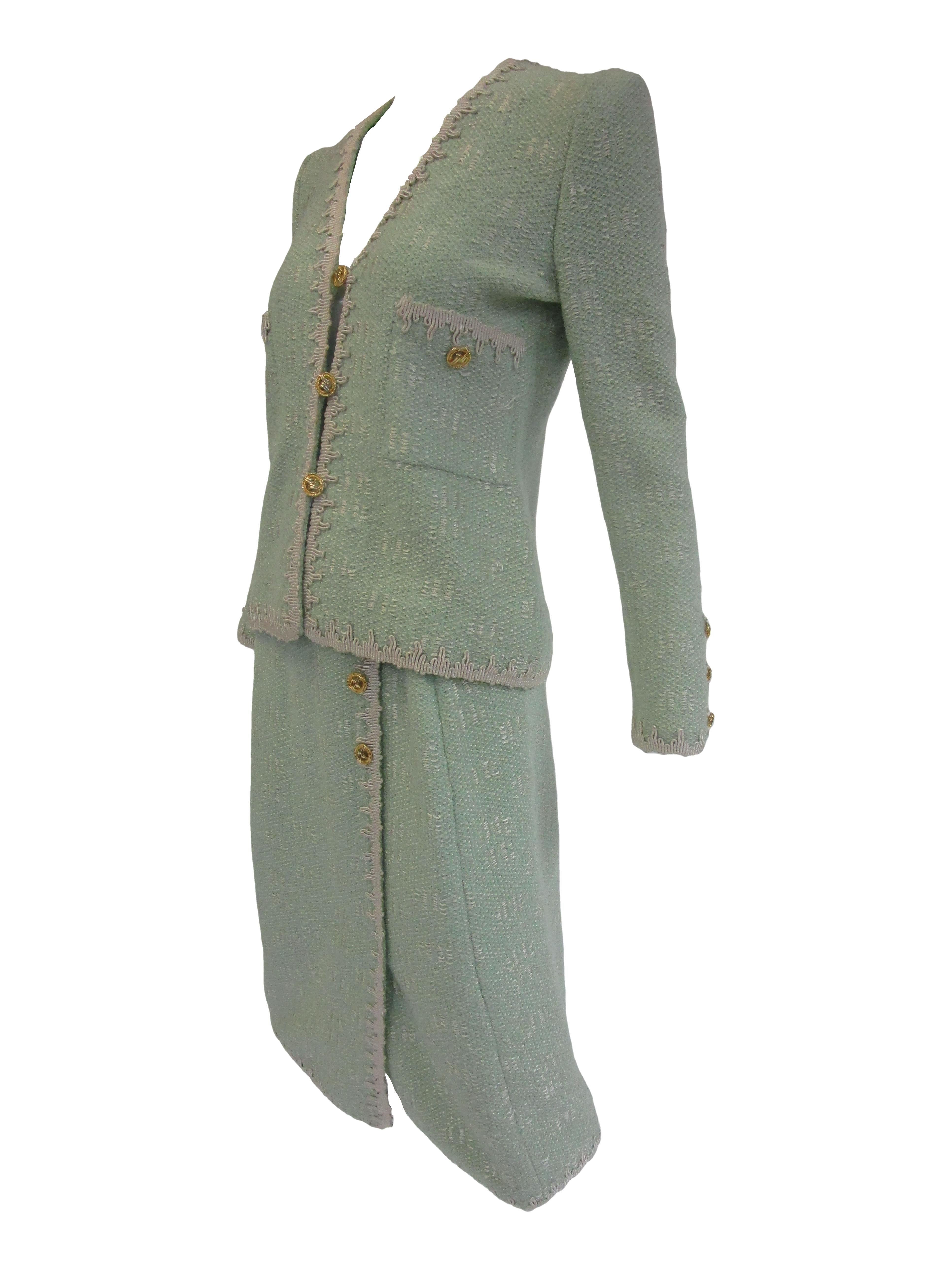 1970s Adolfo Mint Green Wool Knit Skirt and Jacket In Good Condition For Sale In Houston, TX