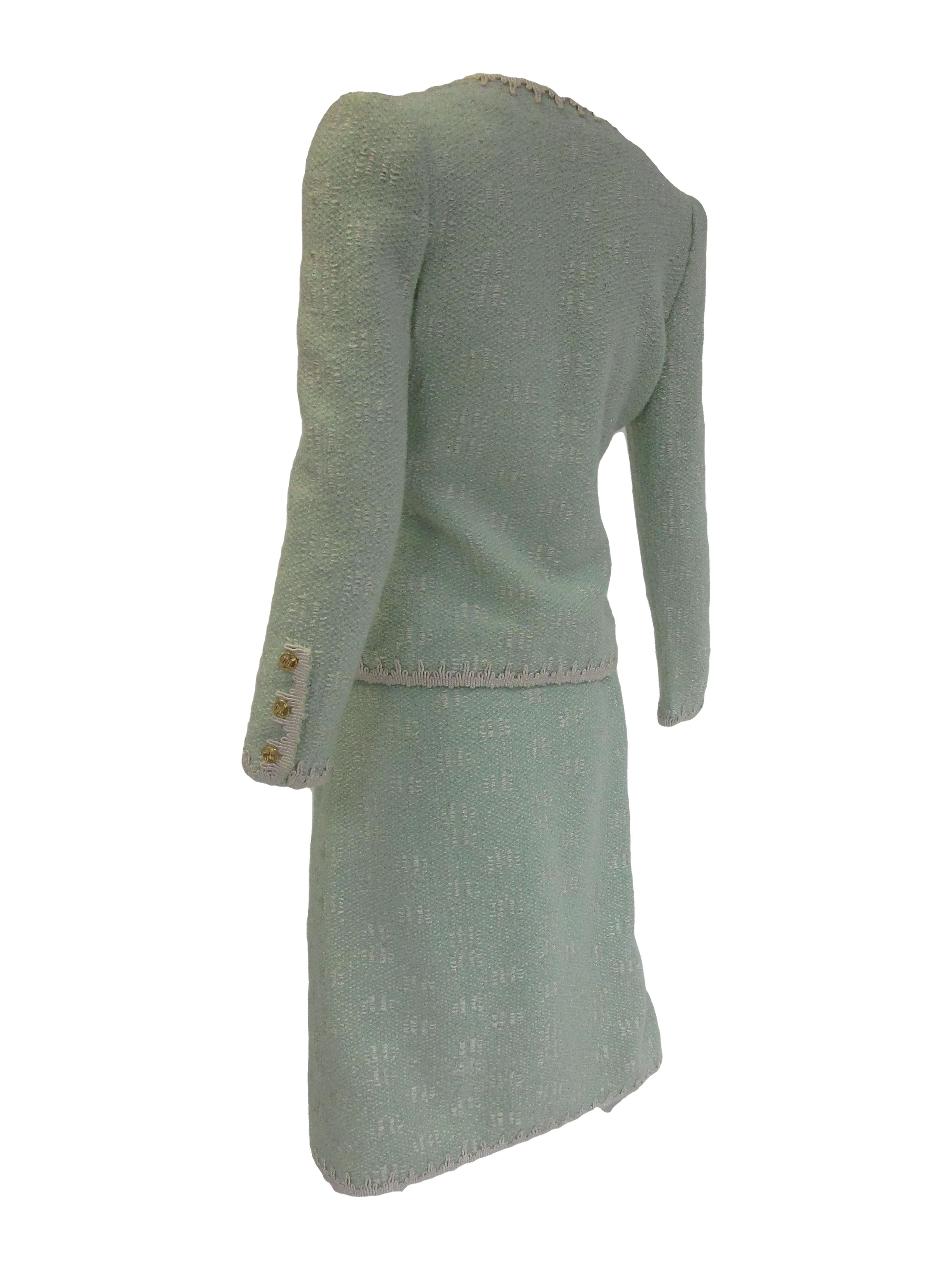 Women's 1970s Adolfo Mint Green Wool Knit Skirt and Jacket For Sale