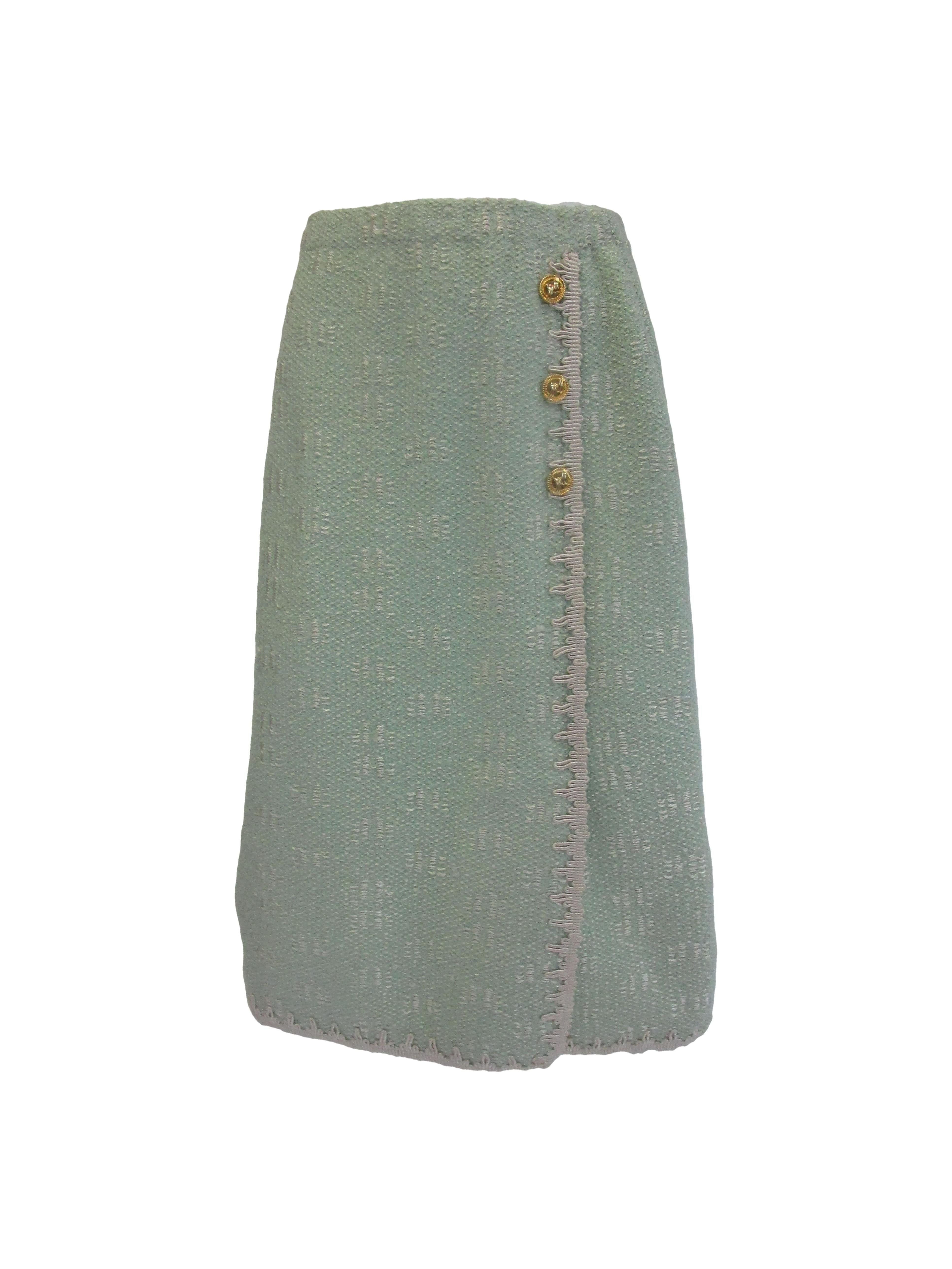 1970s Adolfo Mint Green Wool Knit Skirt and Jacket For Sale 1