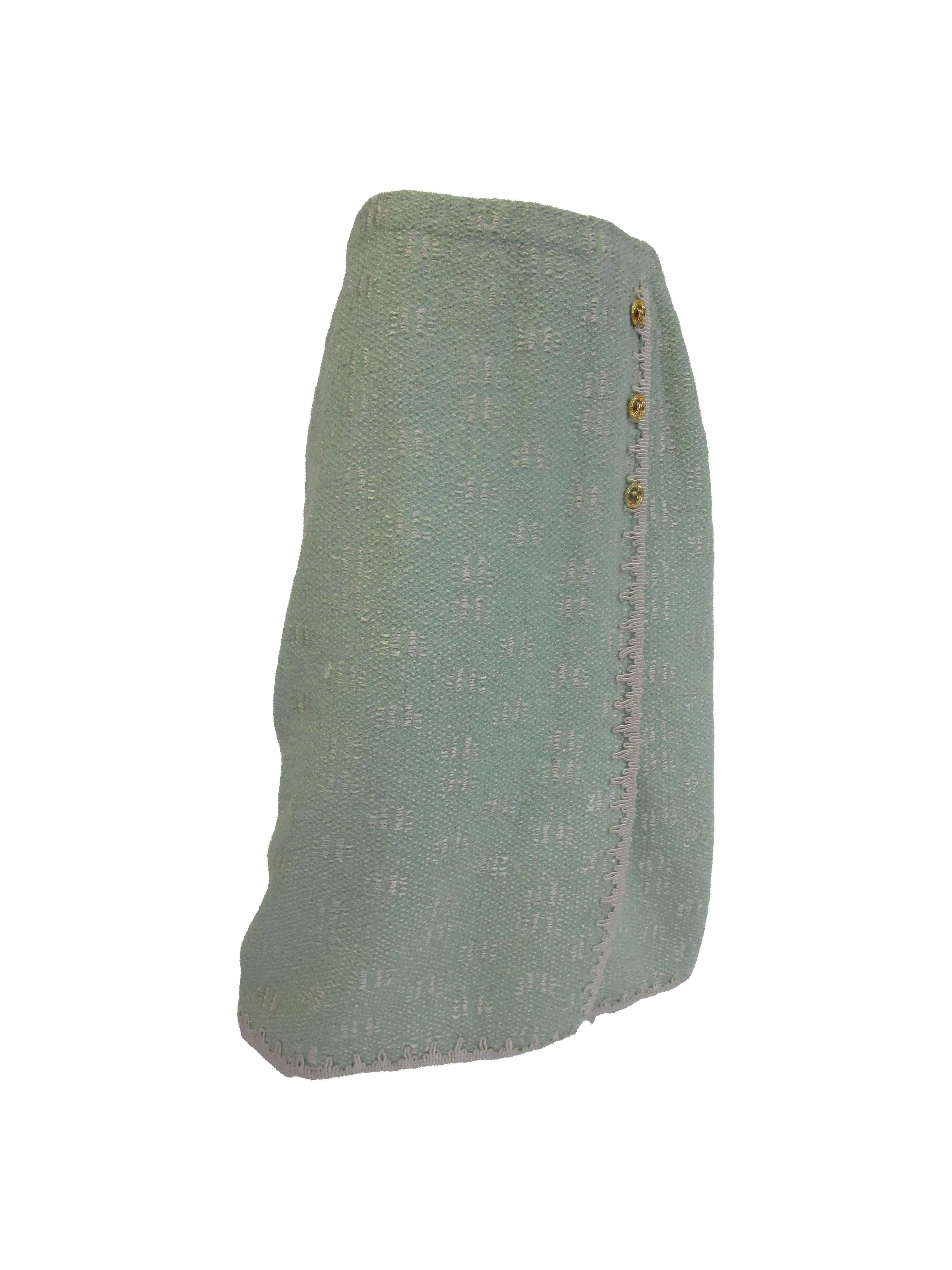 1970s Adolfo Mint Green Wool Knit Skirt and Jacket For Sale 3