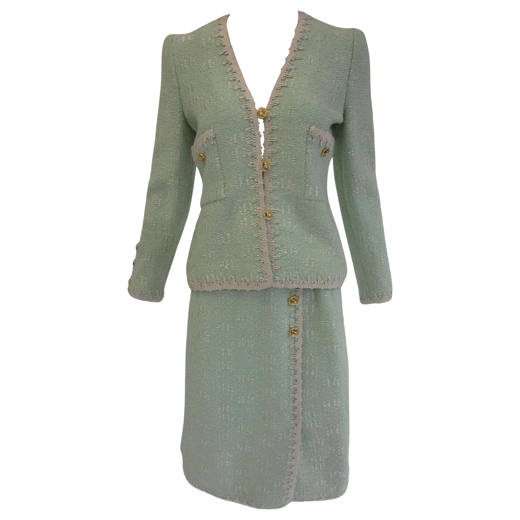 1970s Adolfo Mint Green Wool Knit Skirt and Jacket For Sale