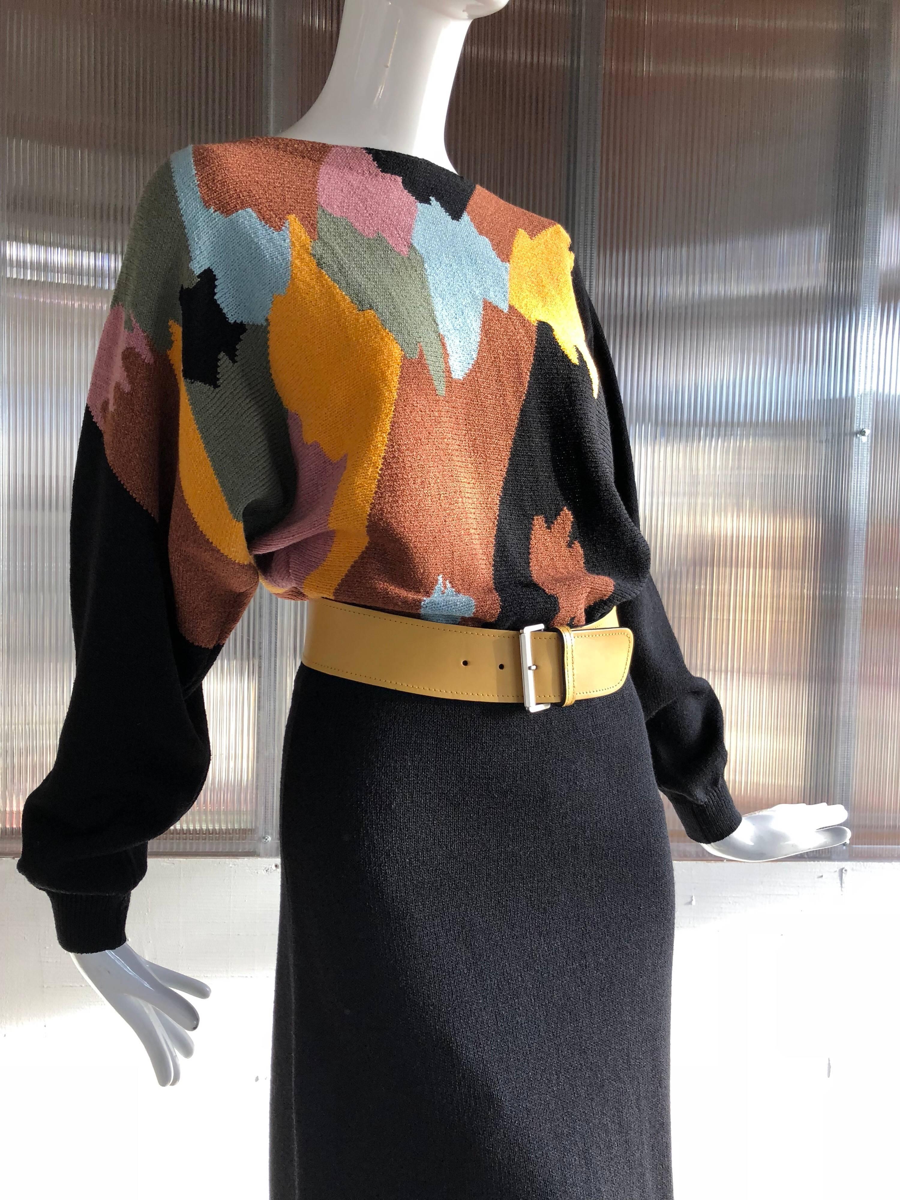 Black 1970s Adolfo Modern Art-Inspired Mosaic Rayon Knit Dress W/ Dolman Sleeves 