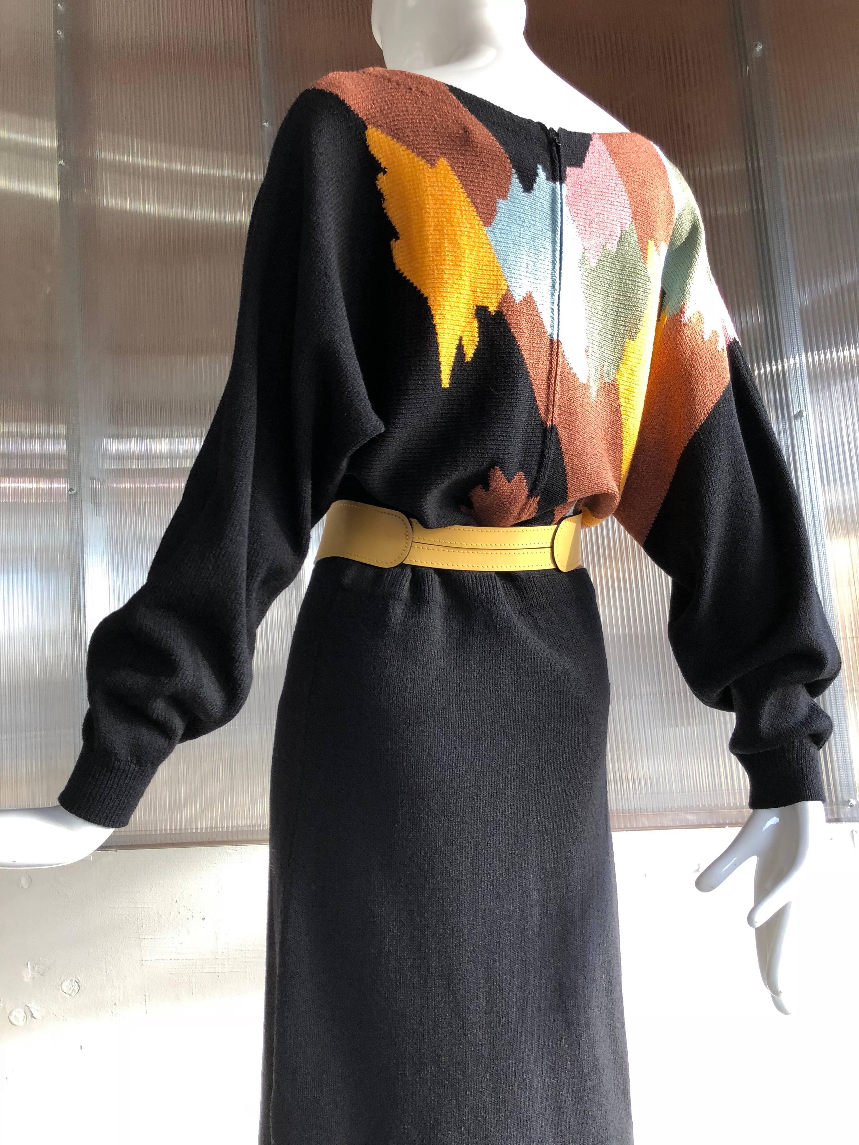 1970s Adolfo Modern Art-Inspired Mosaic Rayon Knit Dress W/ Dolman Sleeves  1