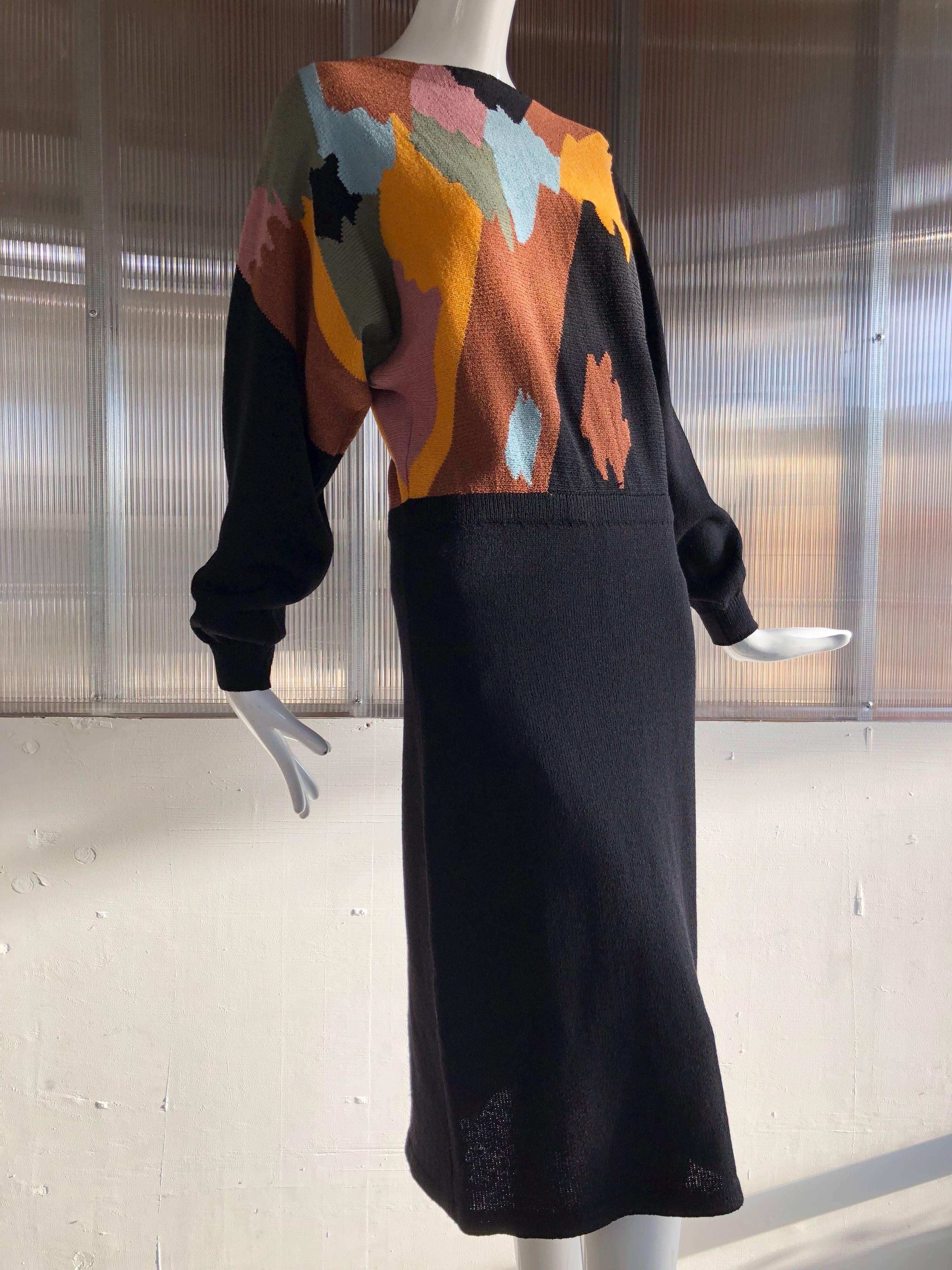 1970s Adolfo Modern Art-Inspired Mosaic Rayon Knit Dress W/ Dolman Sleeves  2